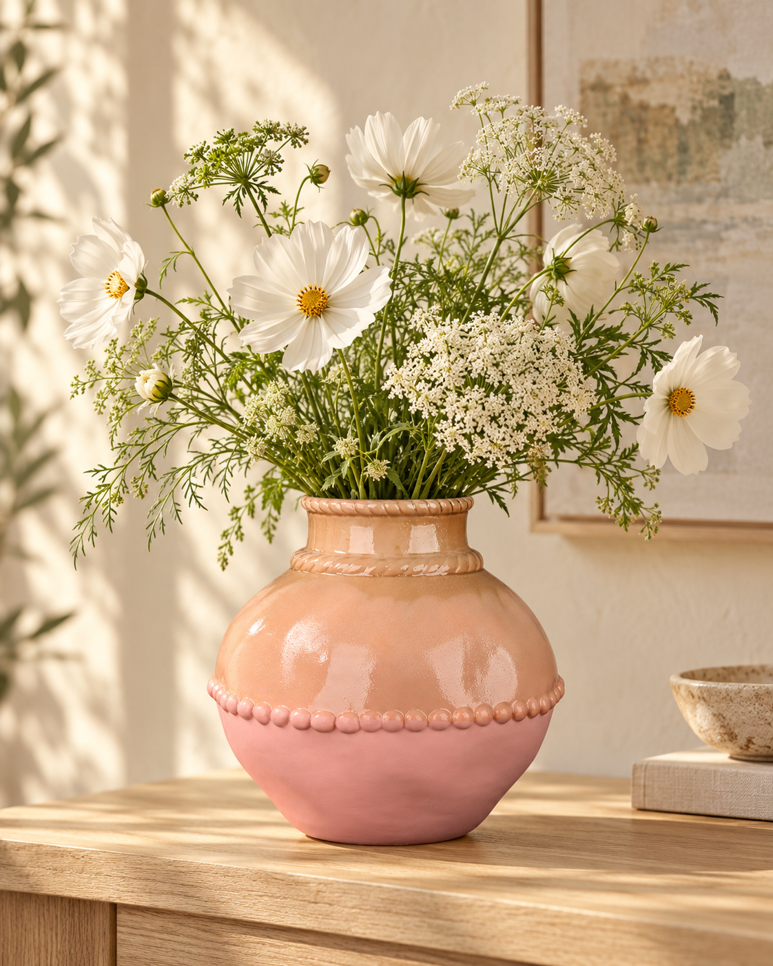 Rounded Beaded Blush Ceramic Floral Vessel