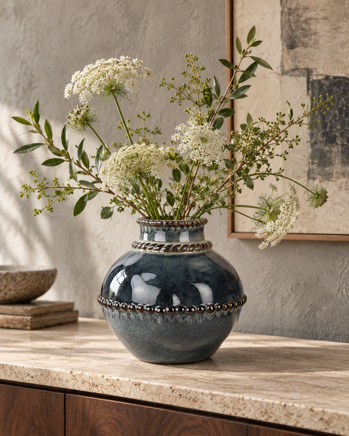 Rounded Beaded Charcoal Ceramic Floral Vessel