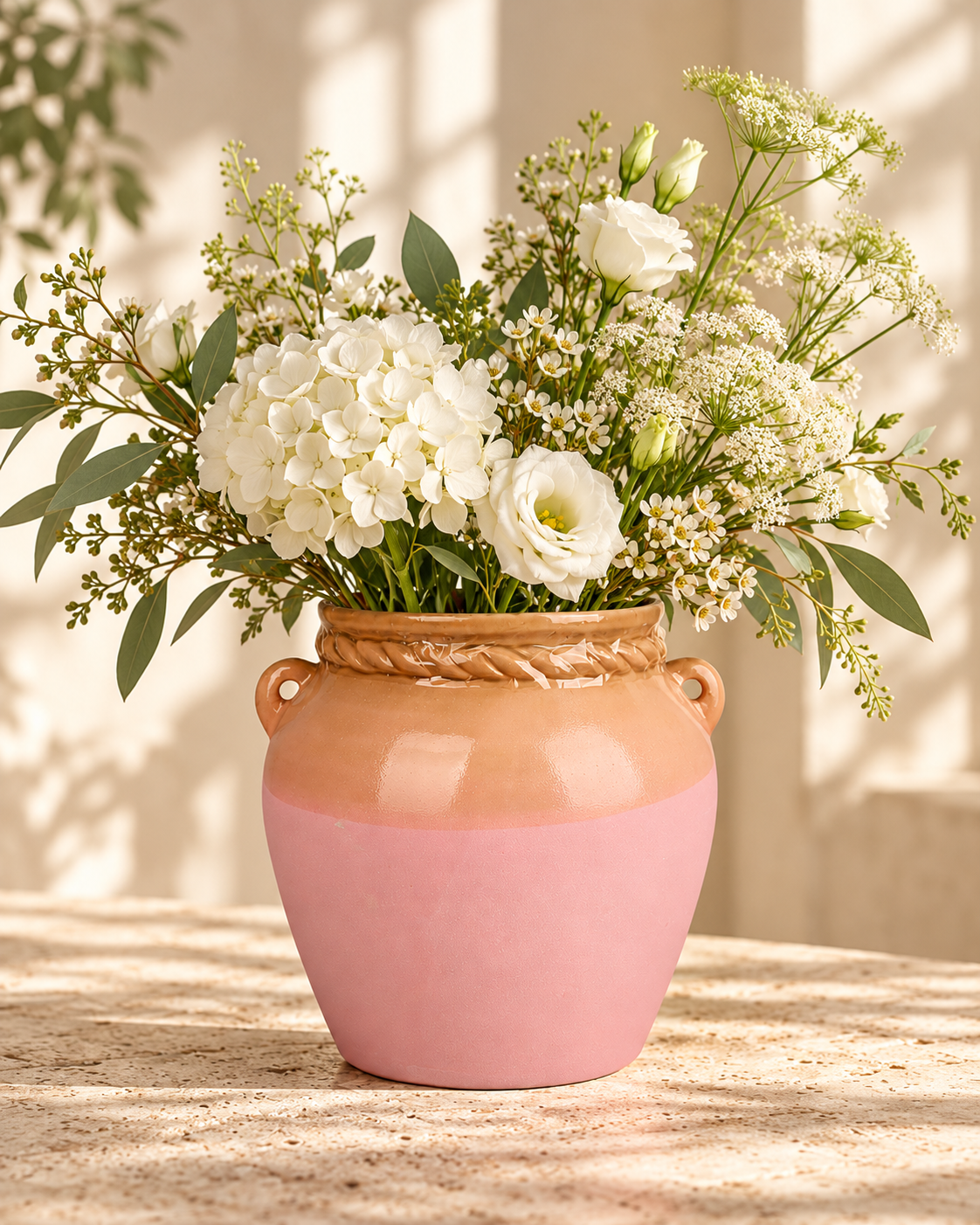 Lug-Handle Blush Ceramic Floral Vessel