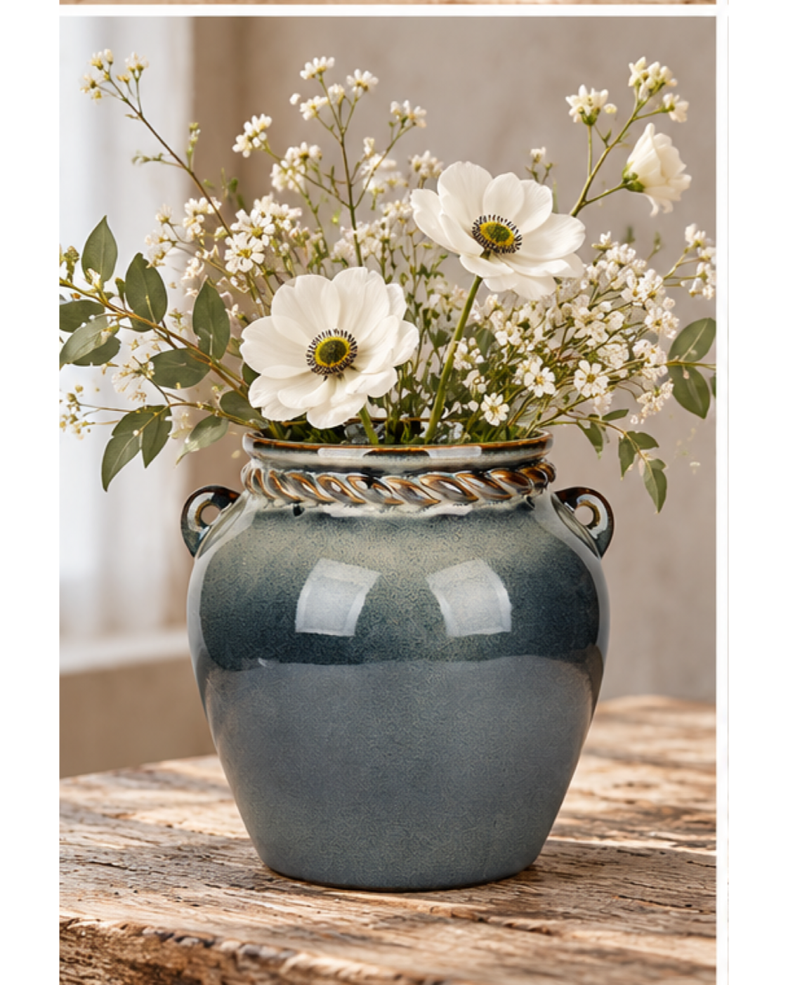Lug-Handle Charcoal Ceramic Floral Vessel