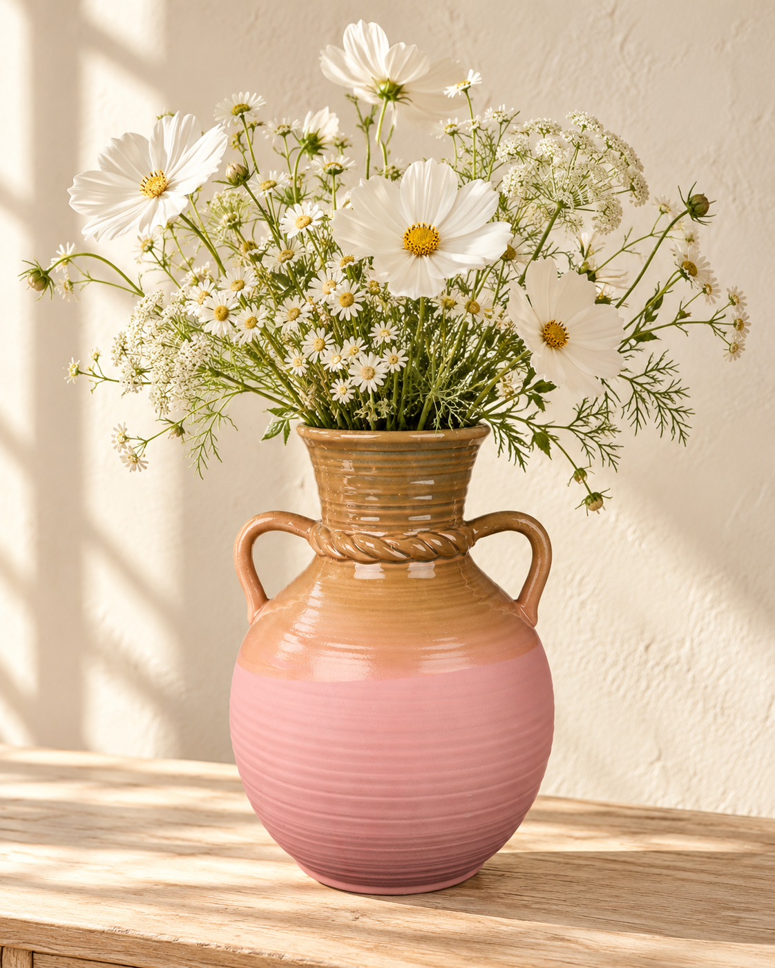 Double-Handle Ribbed Blush Ceramic Floral Vessel