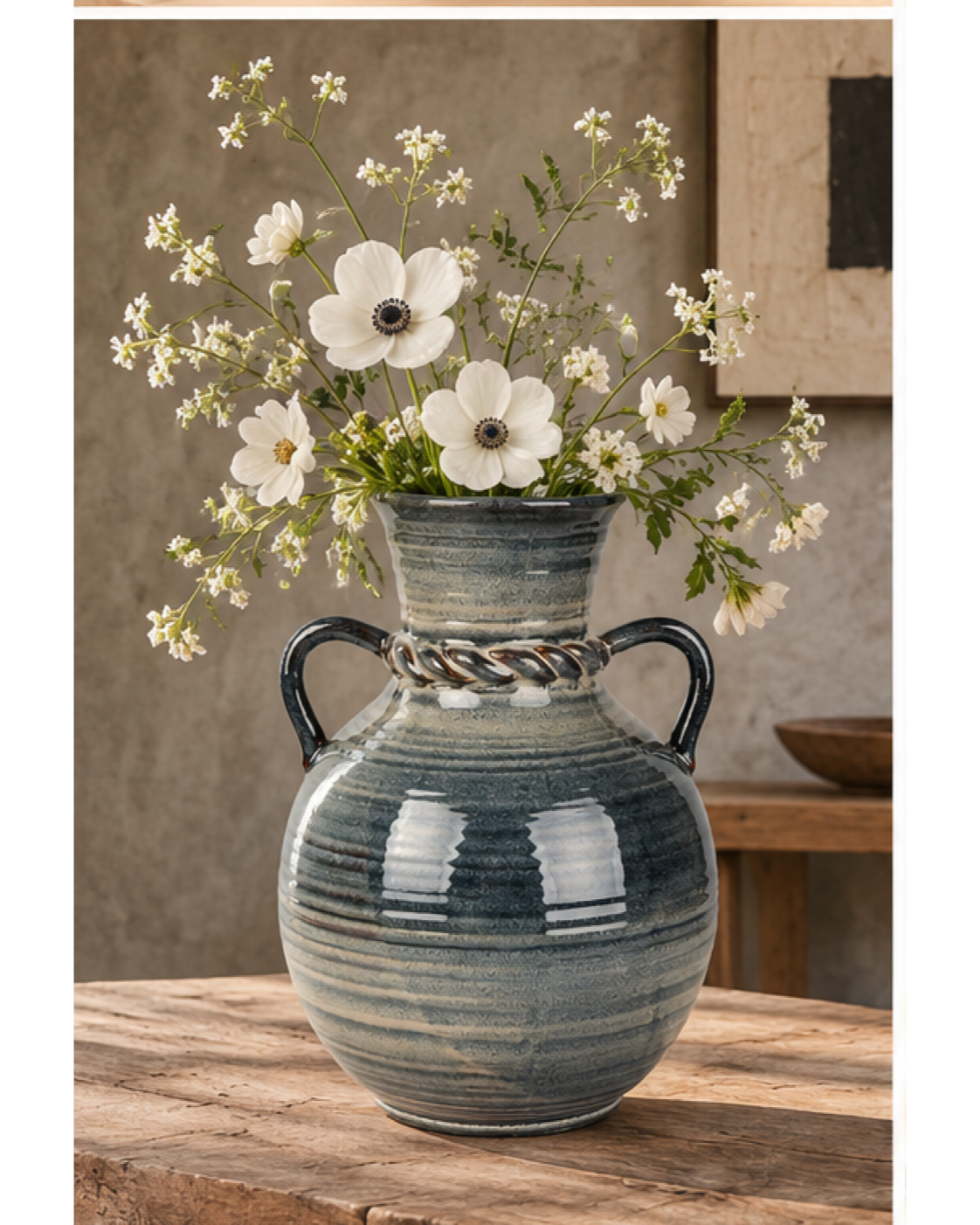 Double-Handle Ribbed Charcoal Ceramic Floral Vessel