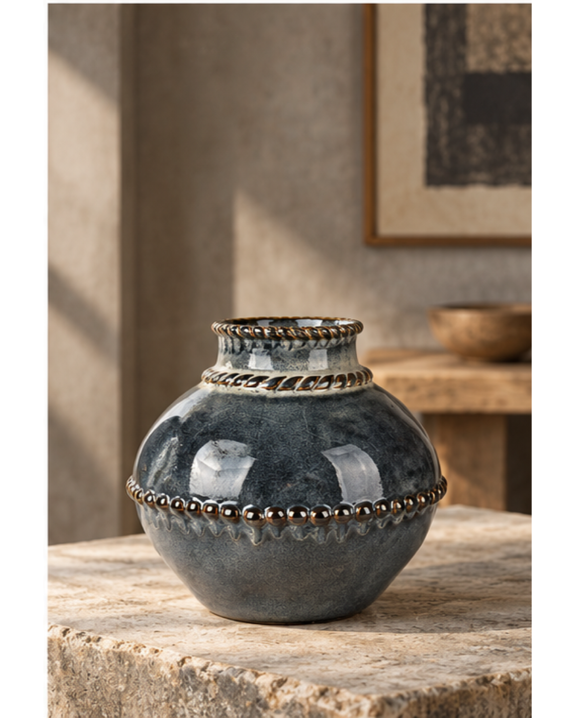 Rounded Beaded Charcoal Ceramic Floral Vessel