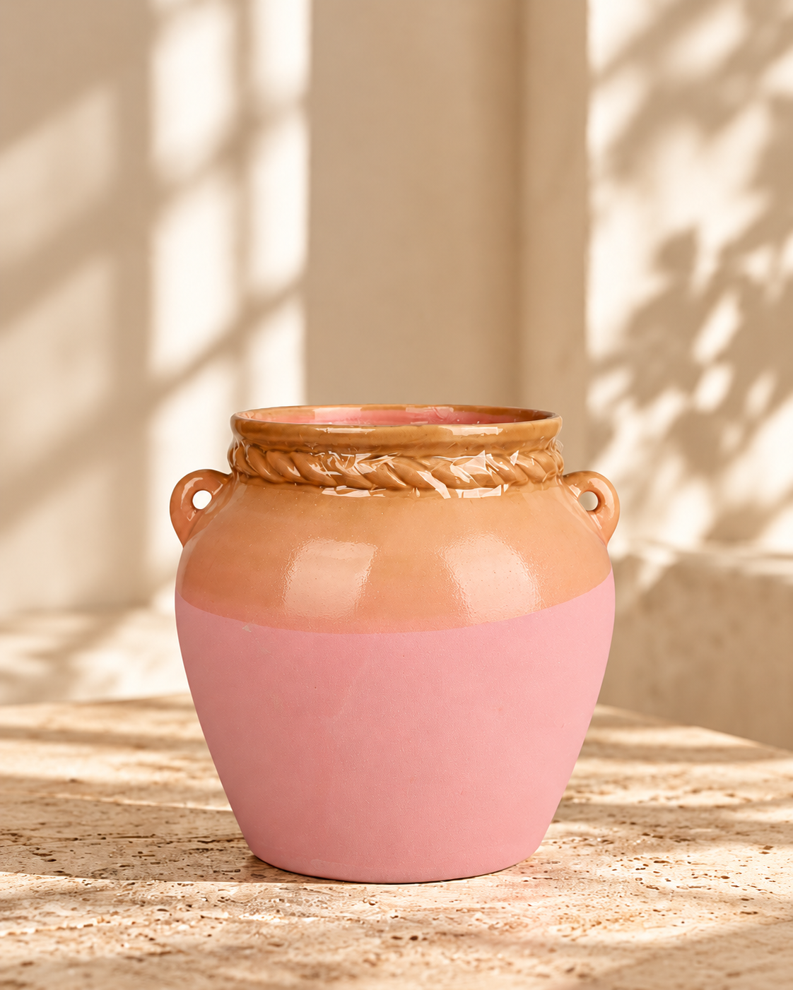 Lug-Handle Blush Ceramic Floral Vessel