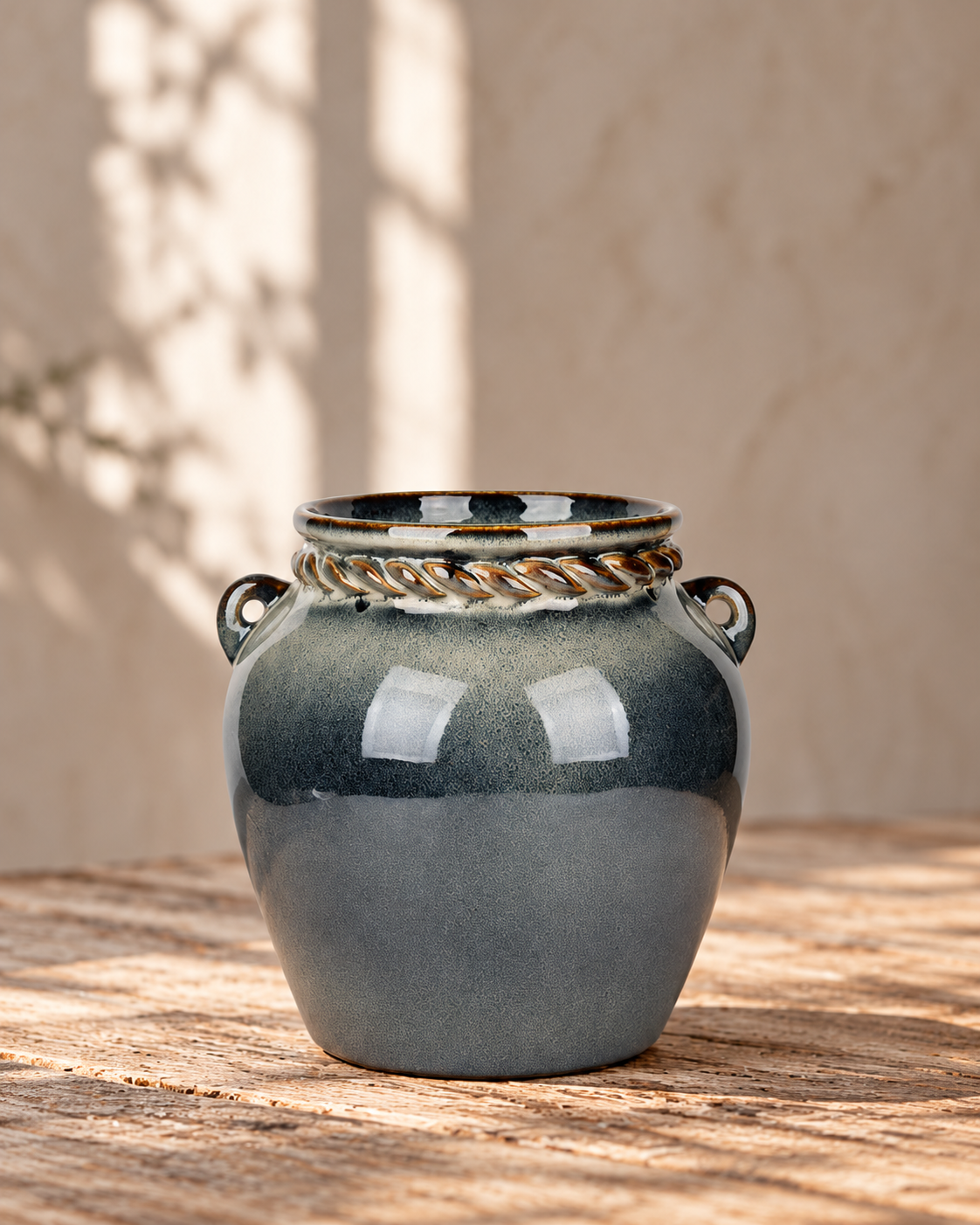 Lug-Handle Charcoal Ceramic Floral Vessel