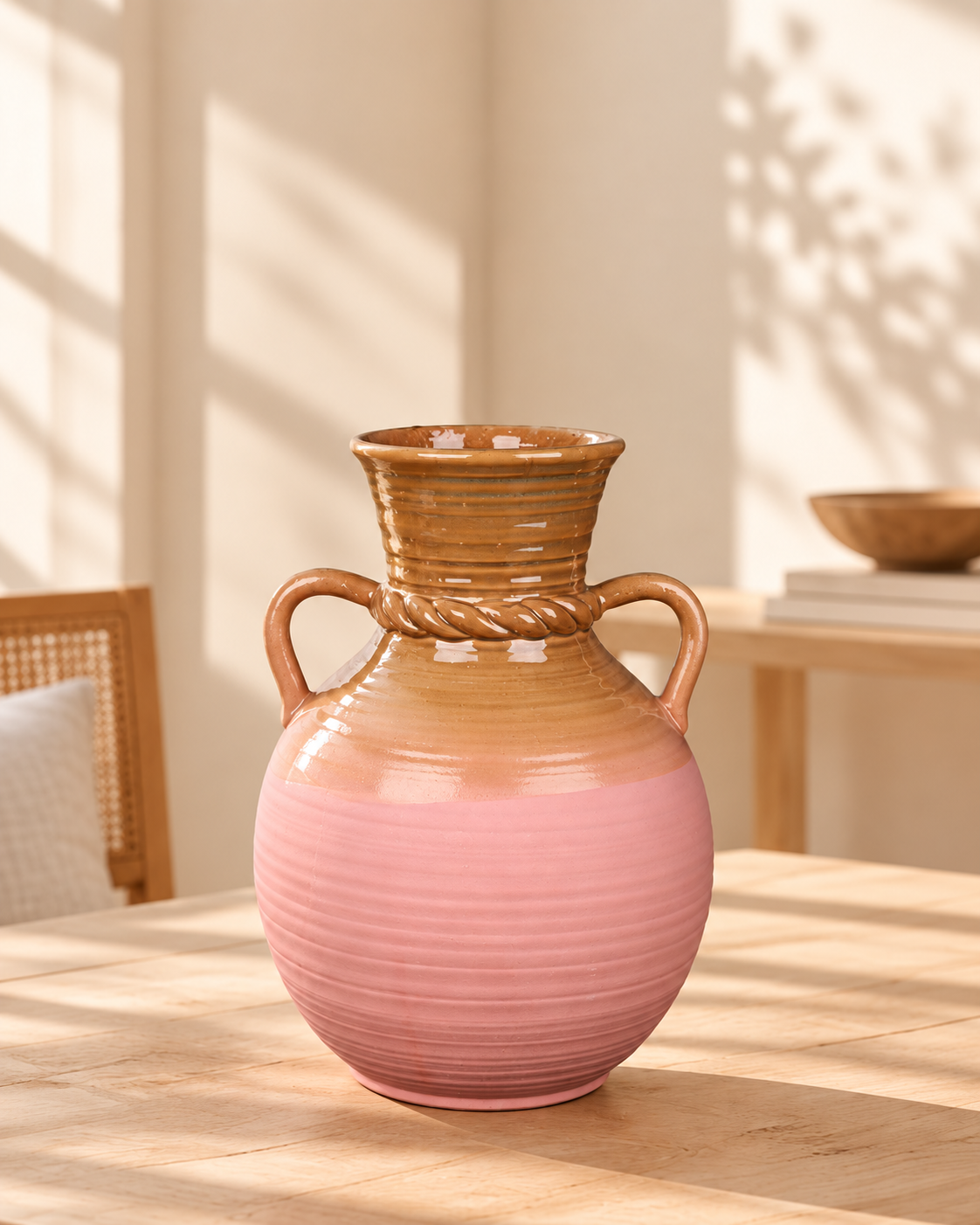 Double-Handle Ribbed Blush Ceramic Floral Vessel