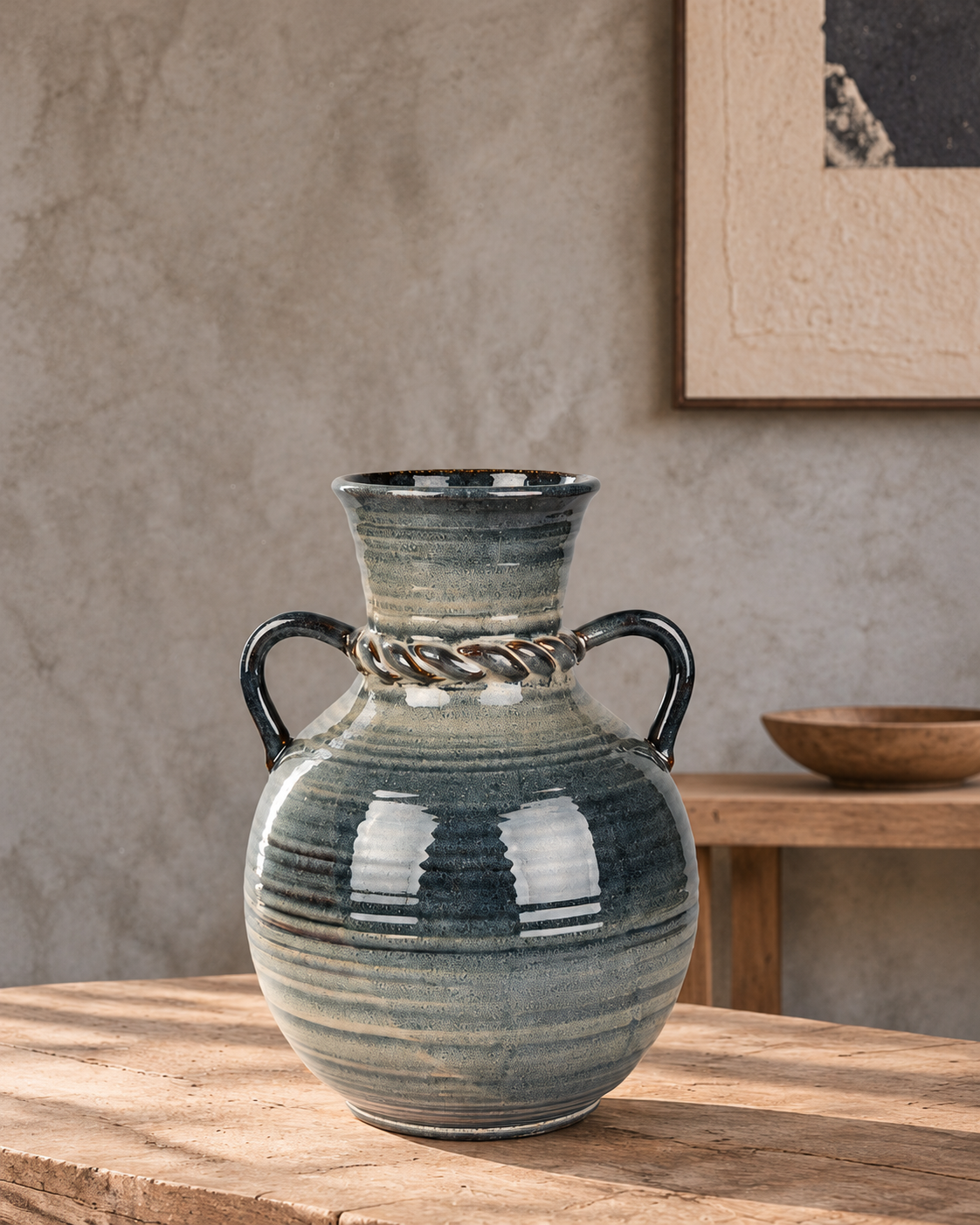 Double-Handle Ribbed Charcoal Ceramic Floral Vessel