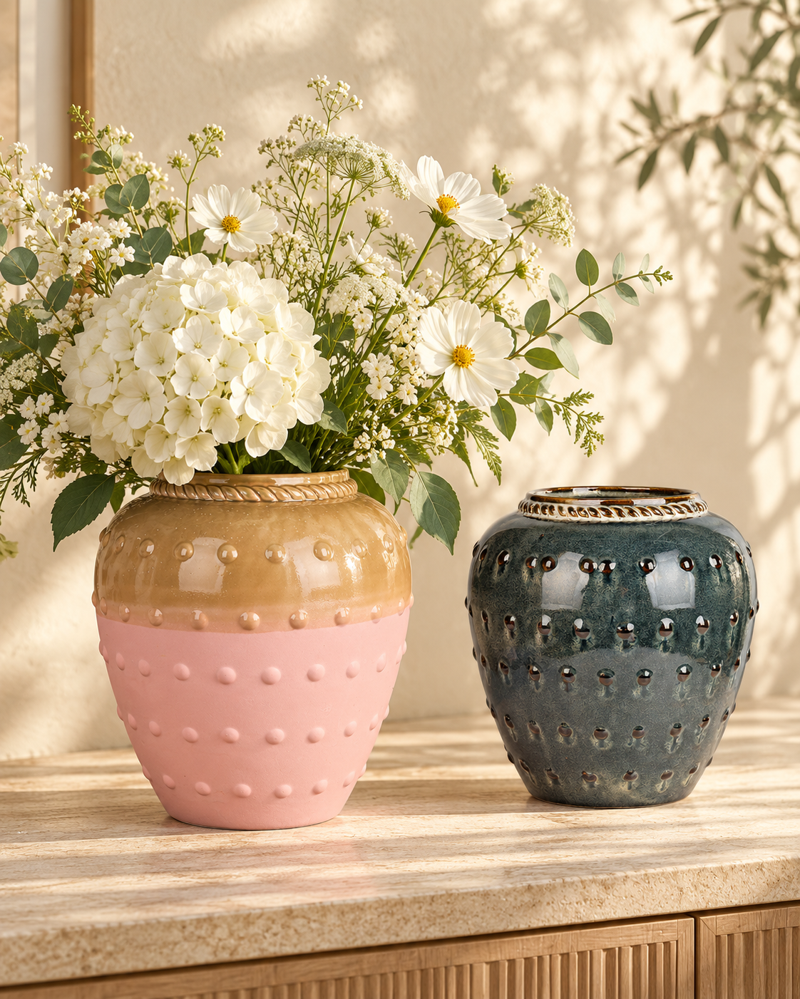 Beaded Blush & Sand Ceramic Floral Vessel