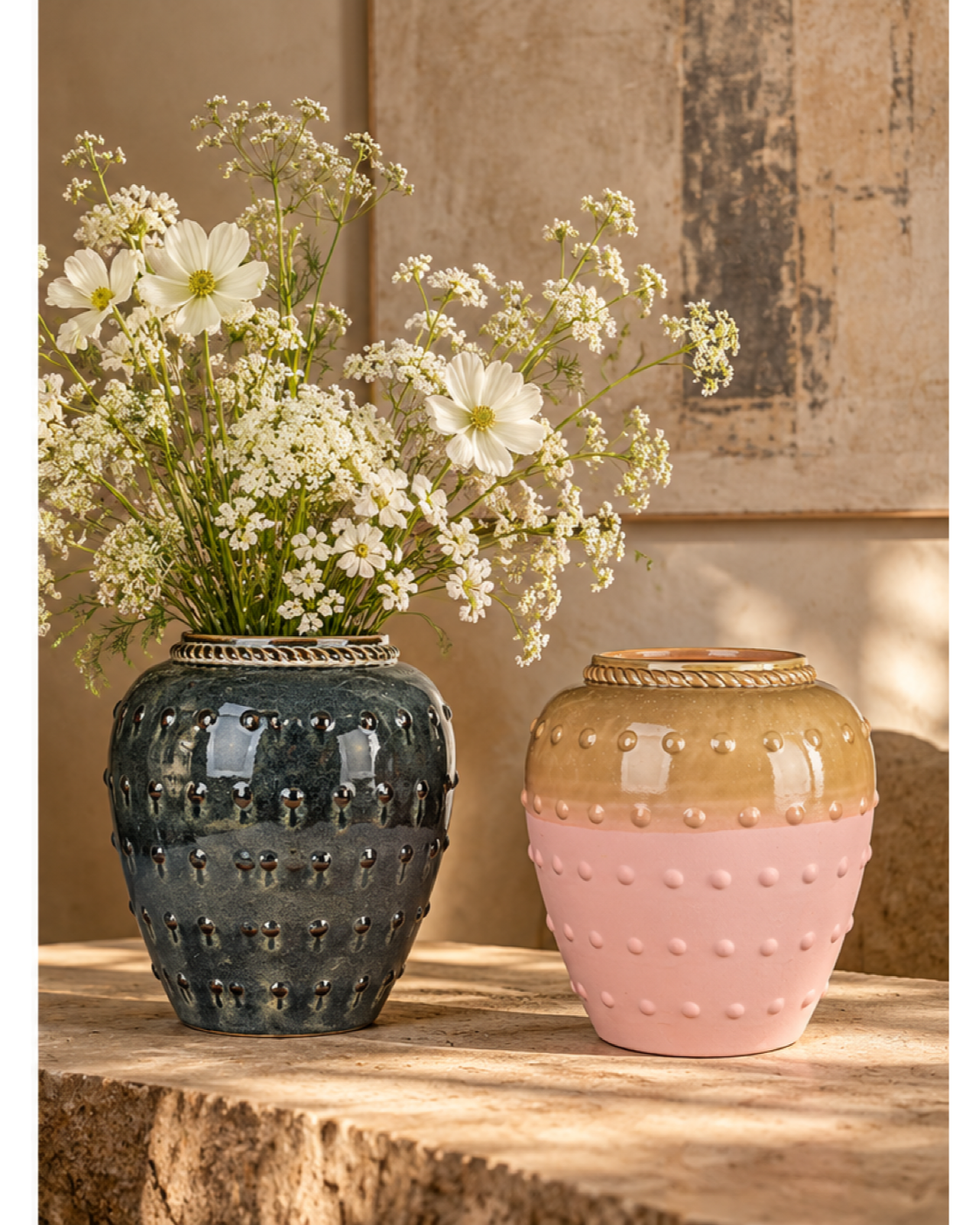 Beaded Charcoal Ceramic Floral Vessel