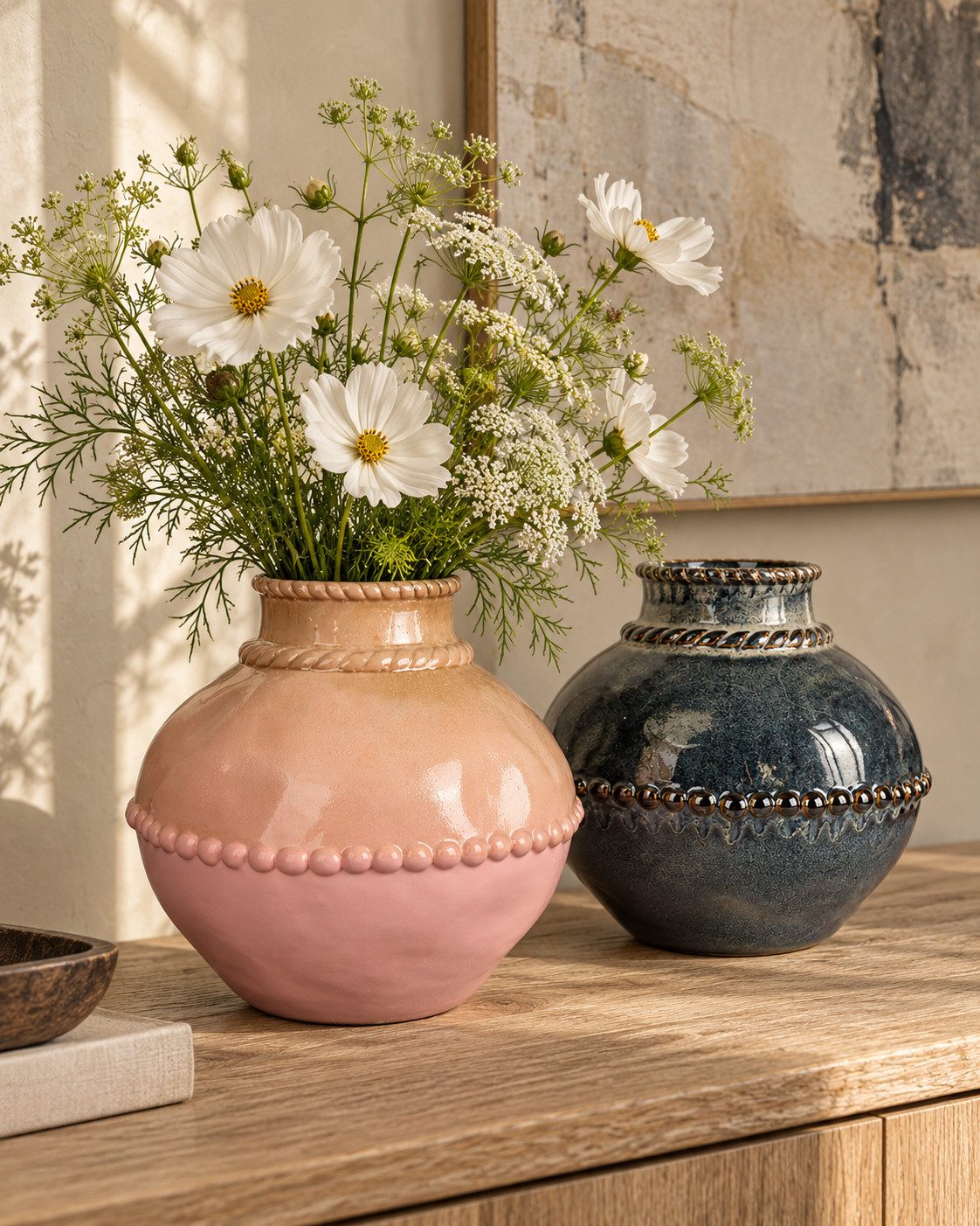 Rounded Beaded Blush Ceramic Floral Vessel