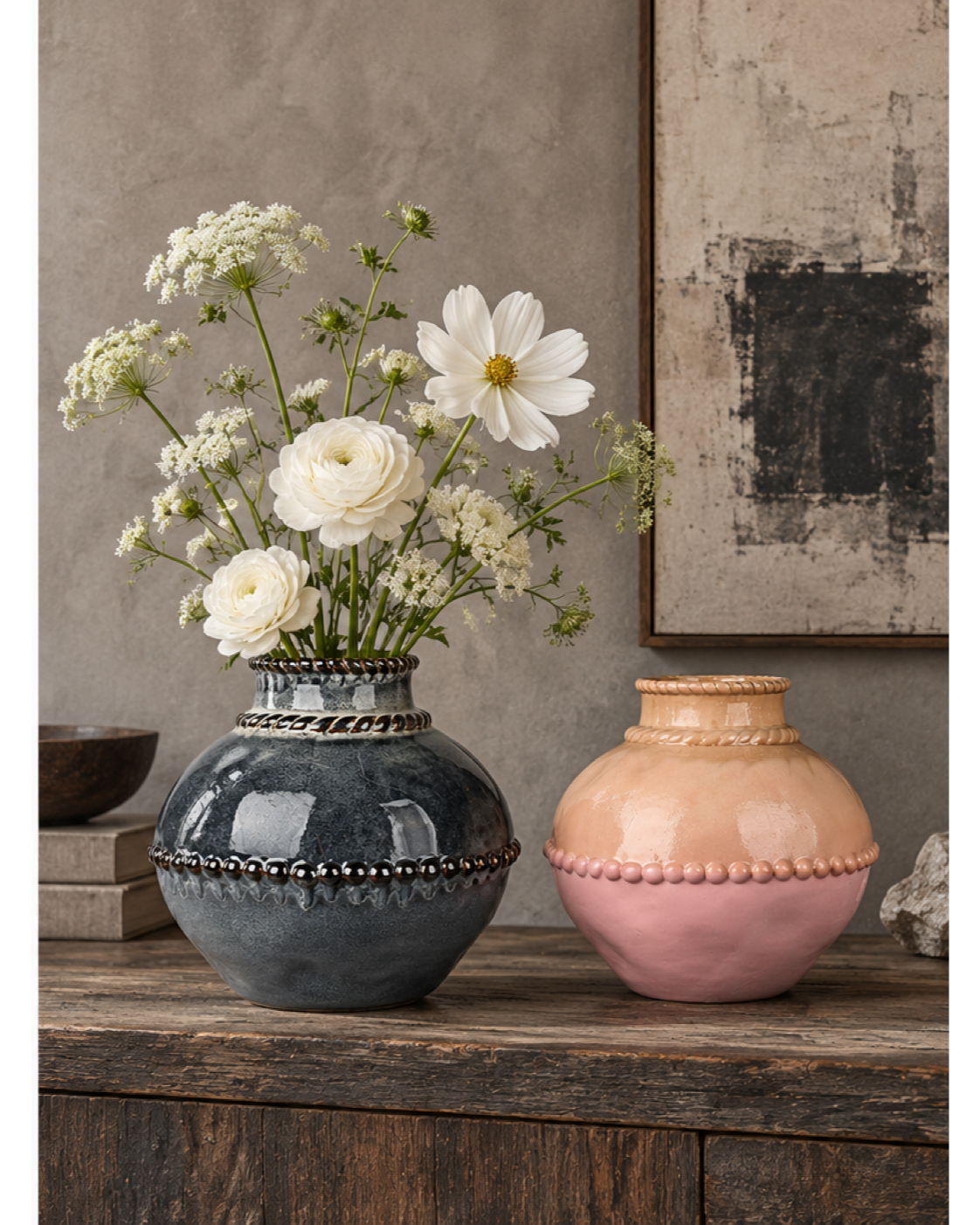 Rounded Beaded Charcoal Ceramic Floral Vessel
