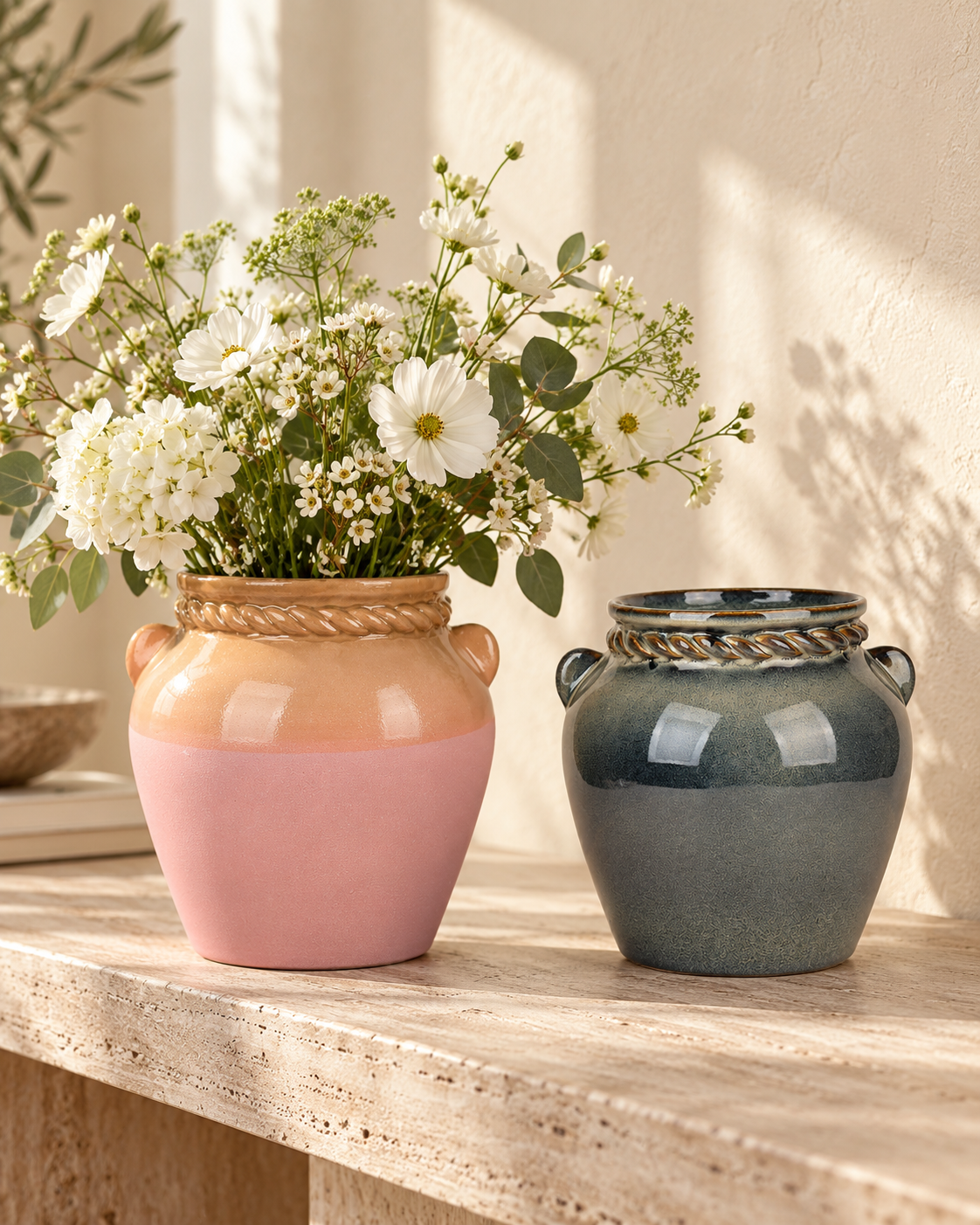 Lug-Handle Blush Ceramic Floral Vessel
