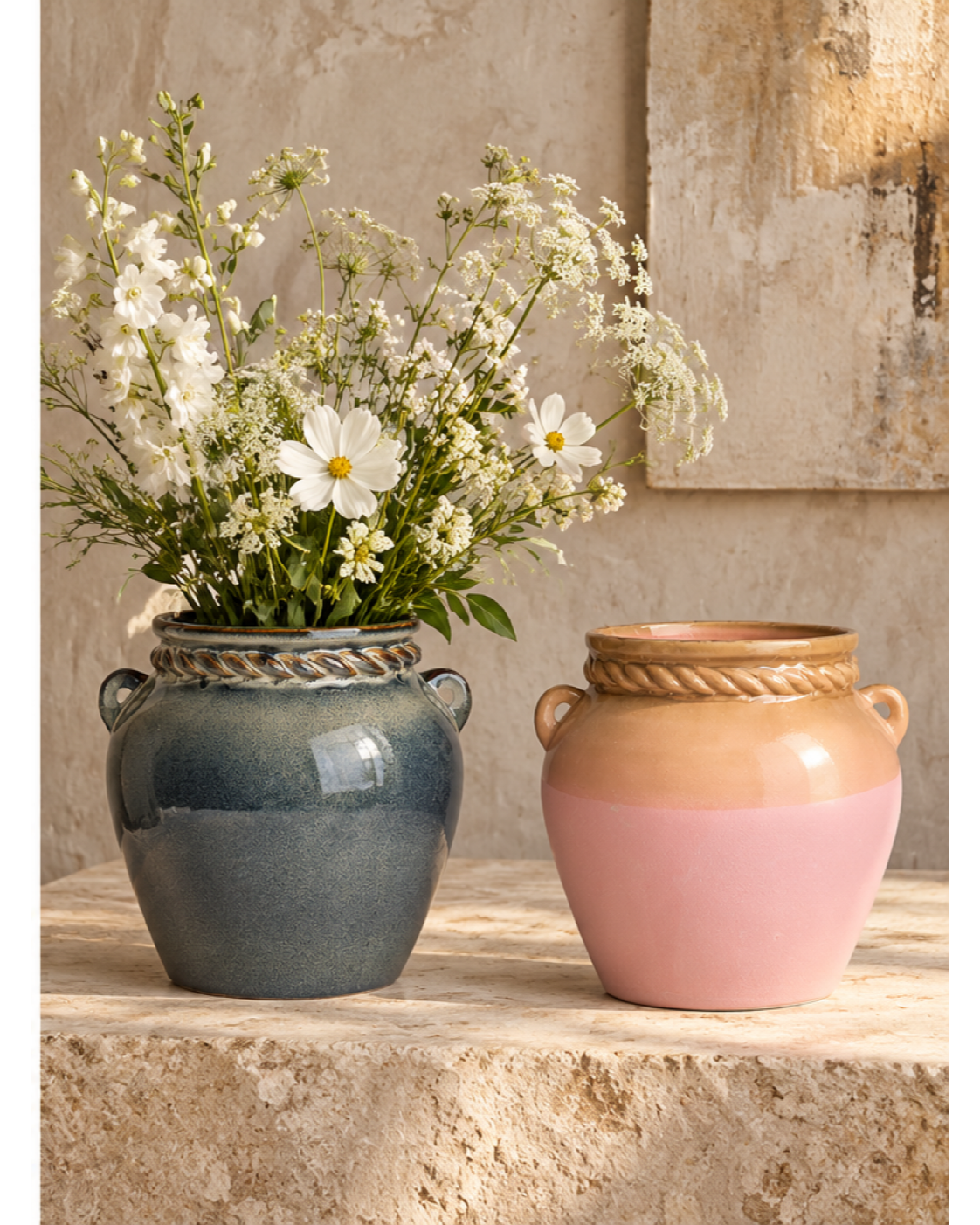Lug-Handle Charcoal Ceramic Floral Vessel