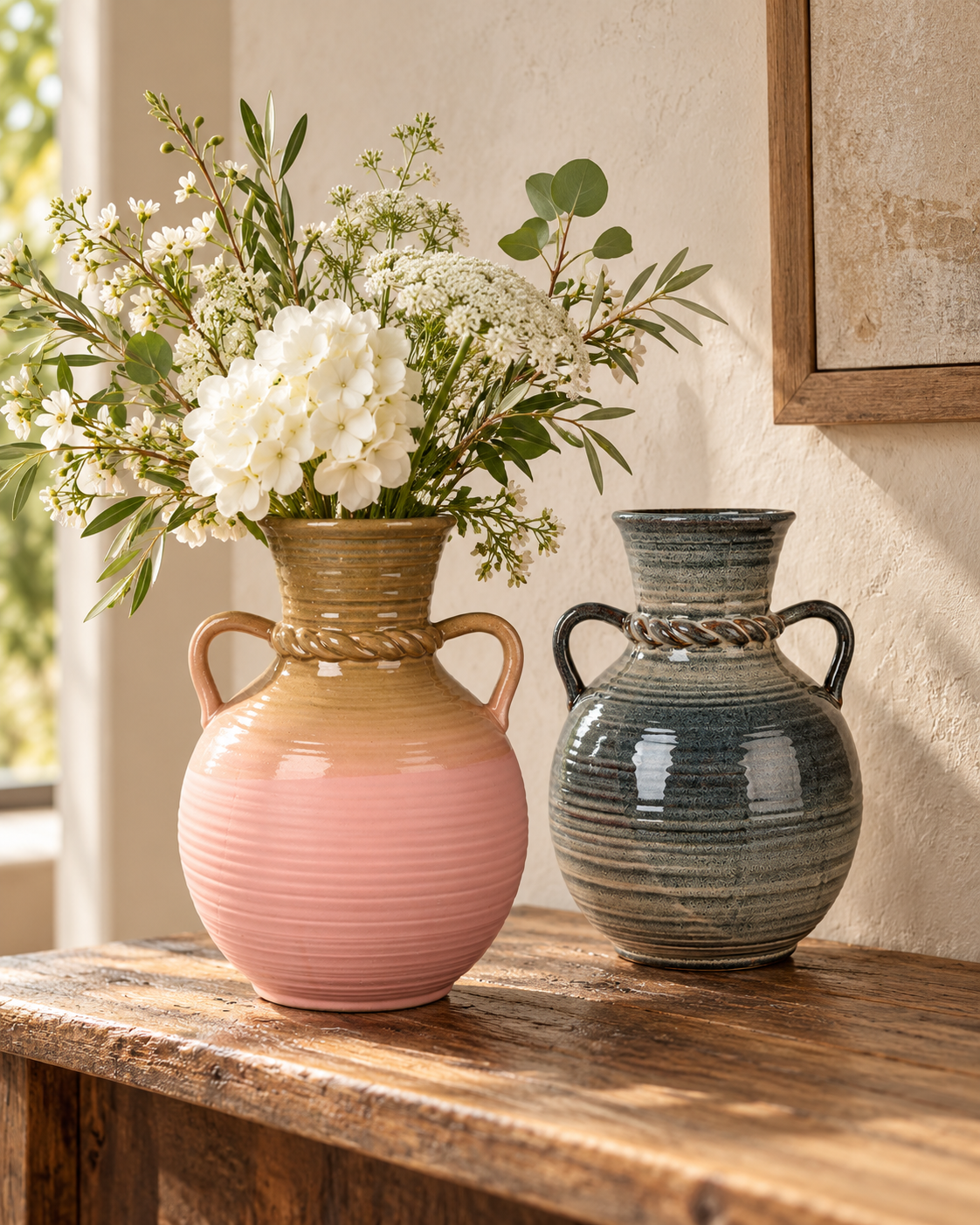 Double-Handle Ribbed Blush Ceramic Floral Vessel