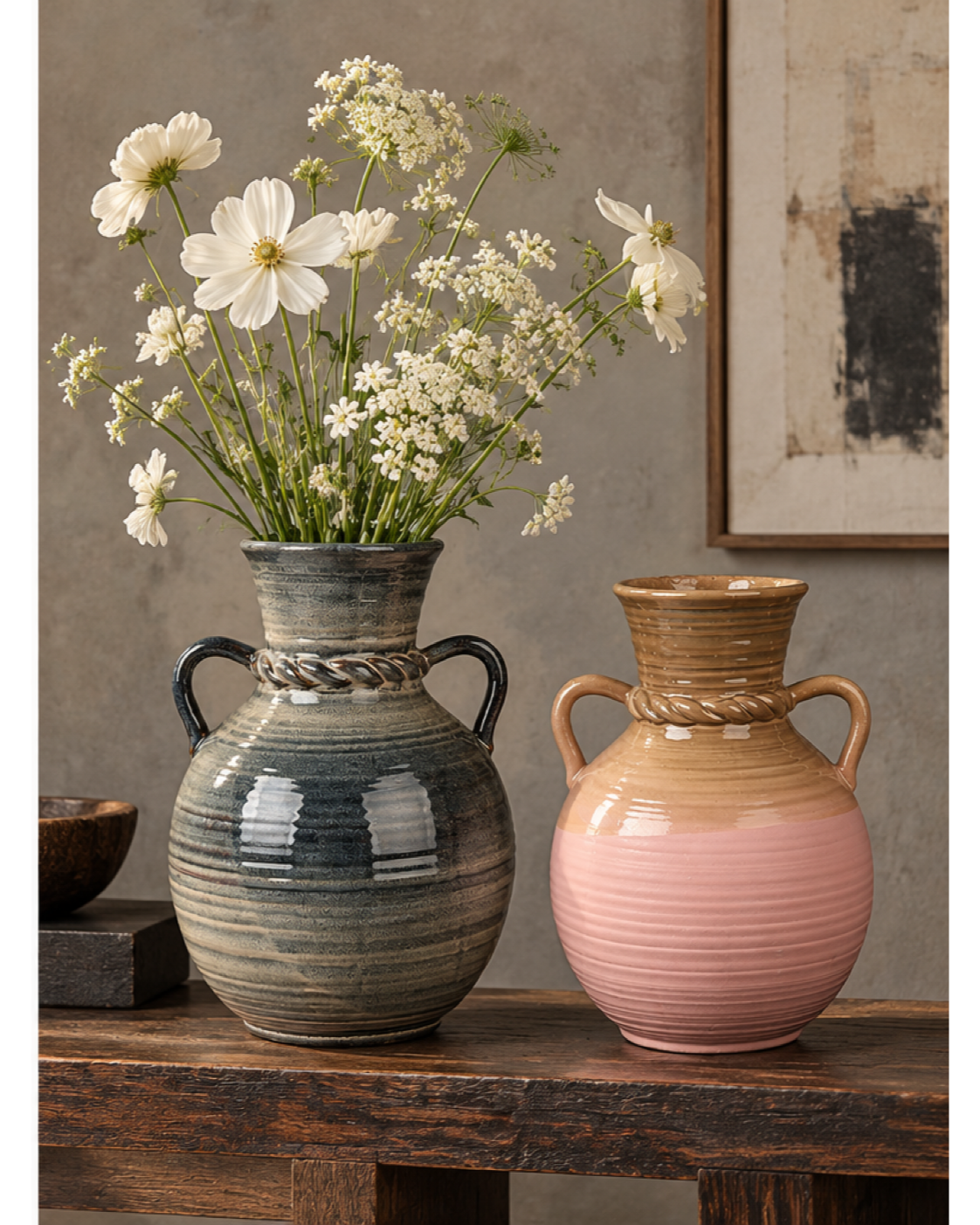 Double-Handle Ribbed Charcoal Ceramic Floral Vessel