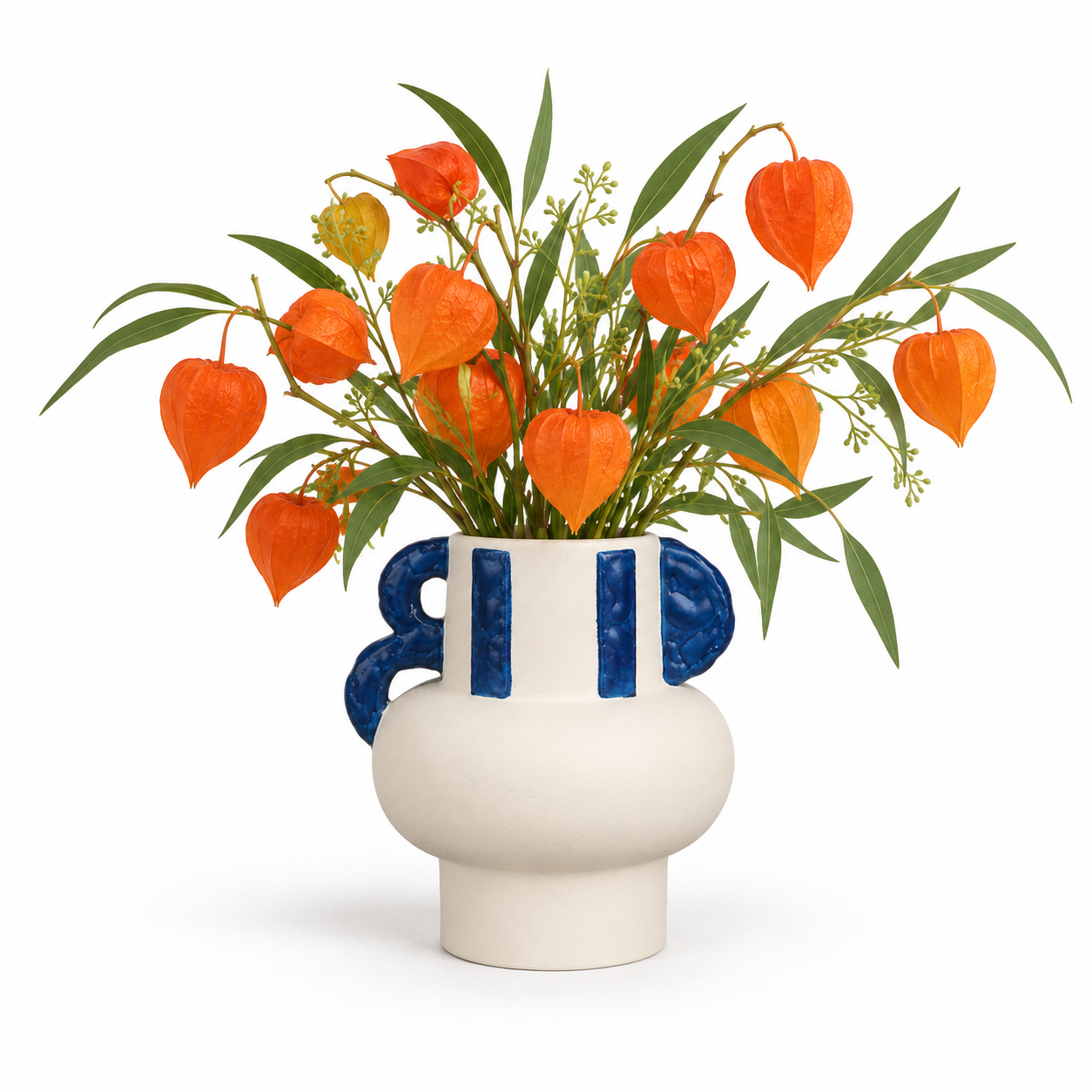 Cream & Cobalt Double-Loop Ceramic Floral Vessel