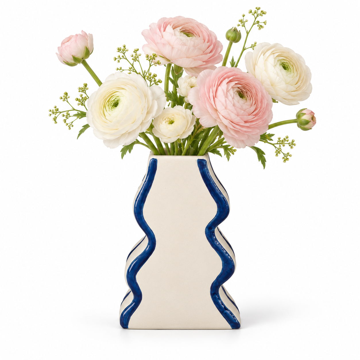 Tall Sculptural Wave Cream & Cobalt Ceramic Floral Vessel