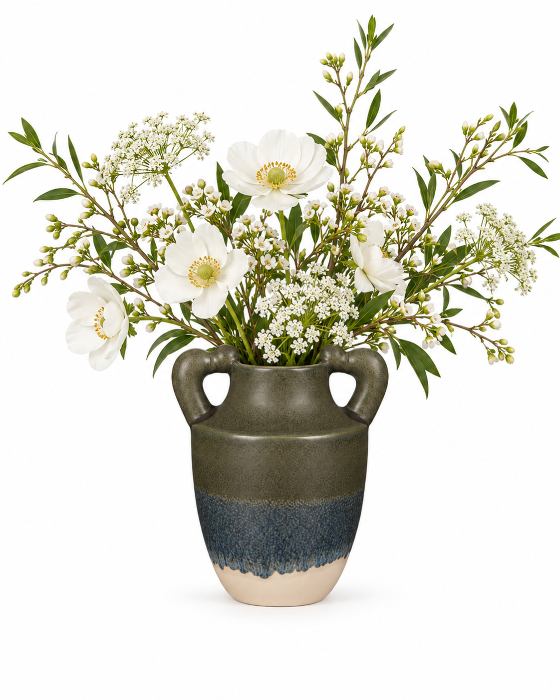 ATW-S252340-B charcoal drip twin-handle stoneware floral vessel with botanical arrangement on white background