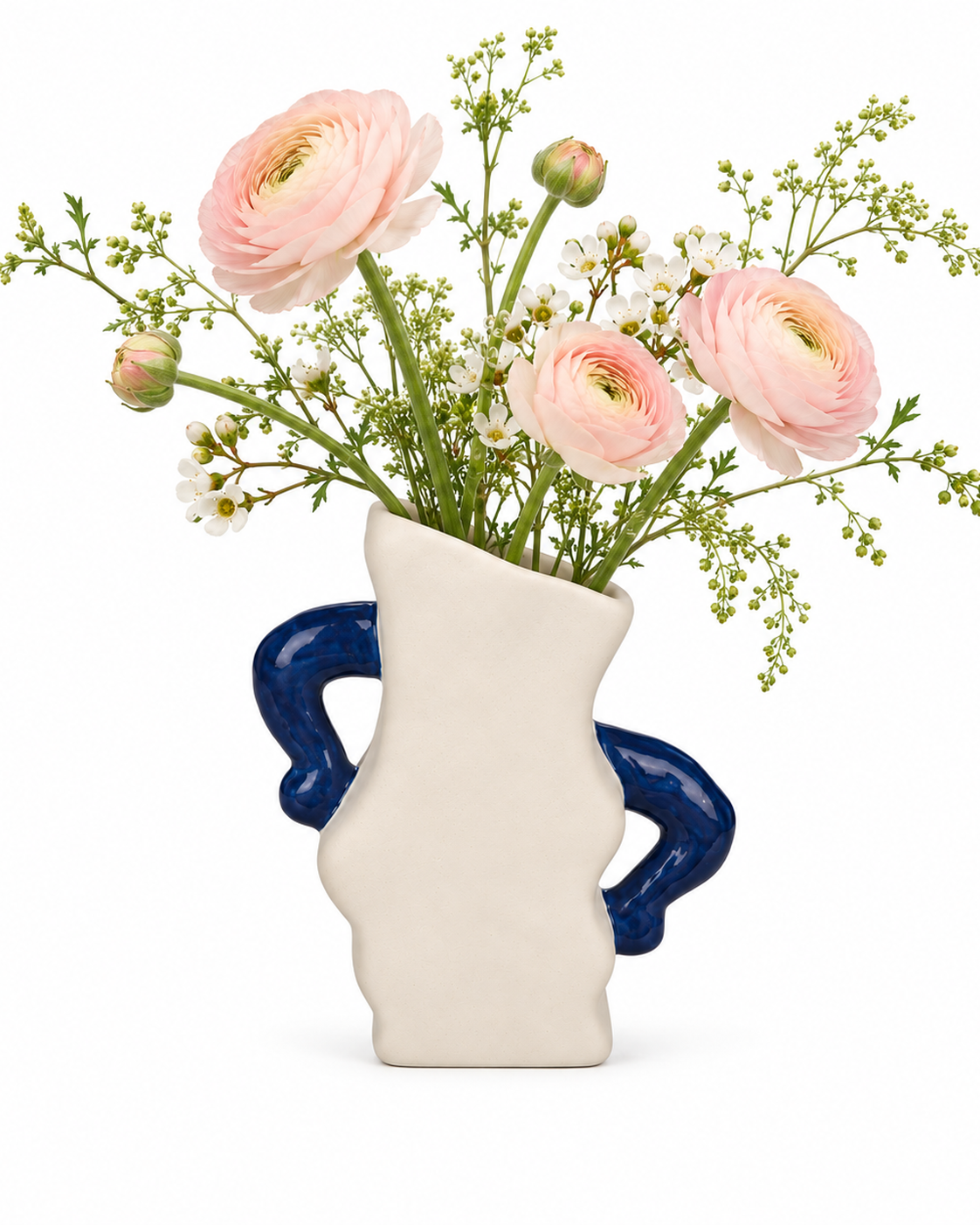 ATW-S252342-A sculptural wave cream and cobalt stoneware floral vessel with botanical arrangement on white background