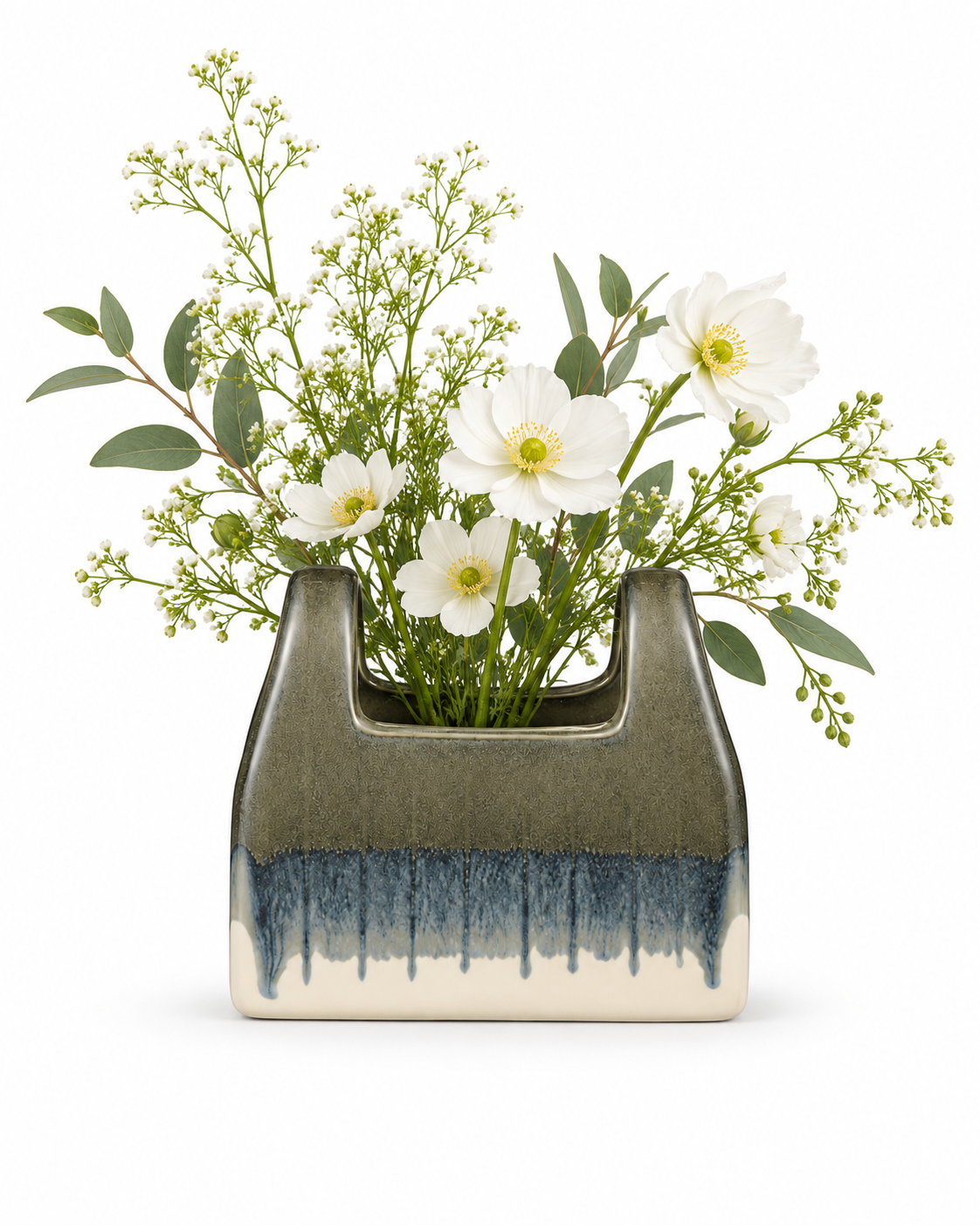 ATW-S252344-B charcoal drip basket-form stoneware floral vessel with botanical arrangement on white background