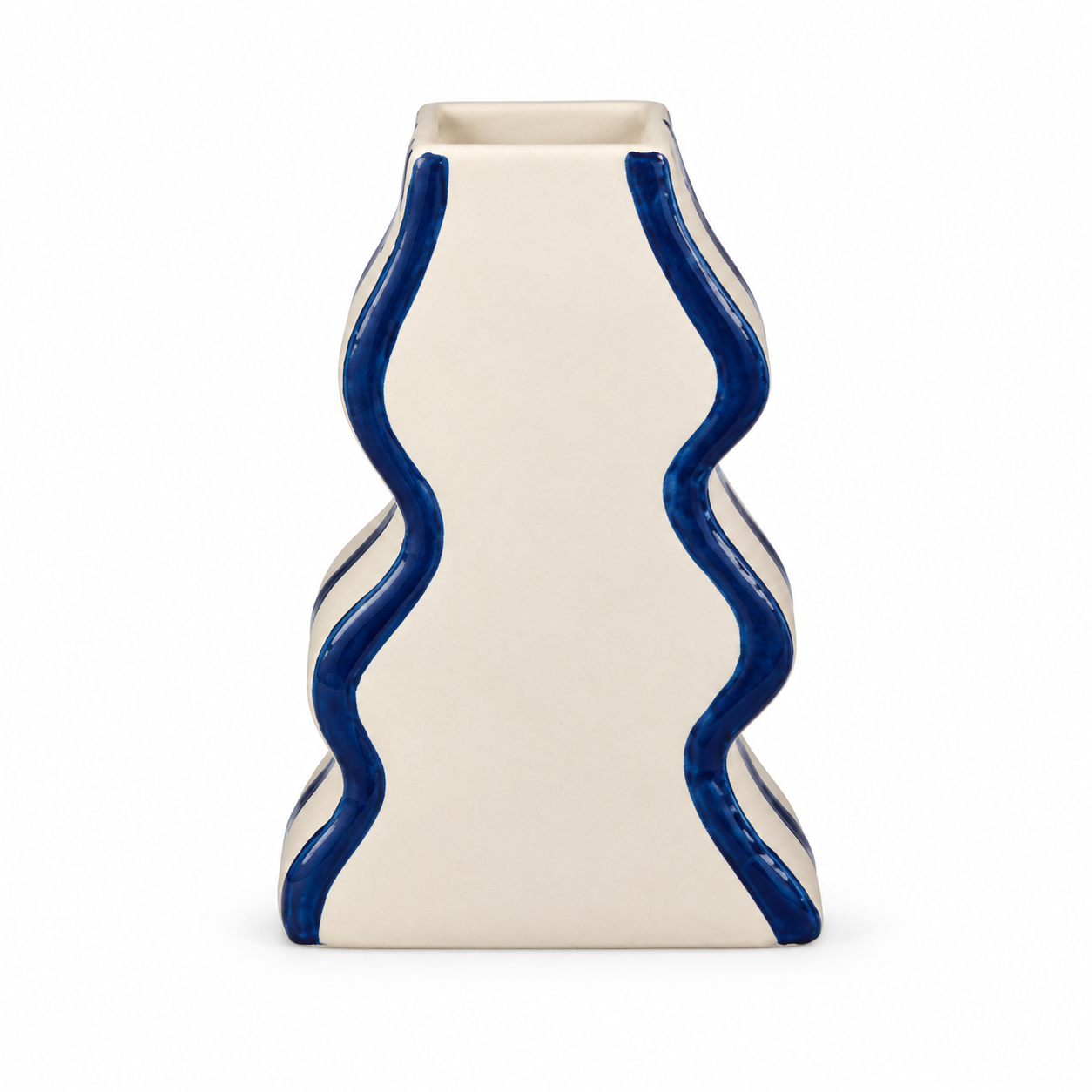 Tall Sculptural Wave Cream & Cobalt Ceramic Floral Vessel