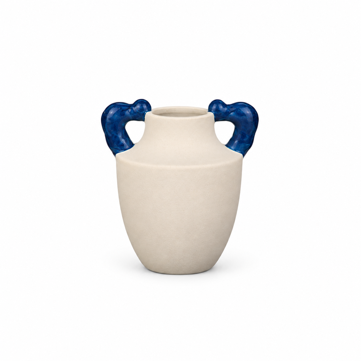 ATW-S252340-A cream and cobalt twin-handle stoneware floral vessel front view on white background
