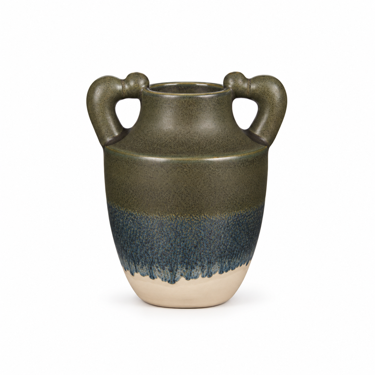 ATW-S252340-B charcoal drip twin-handle stoneware floral vessel front view on white background