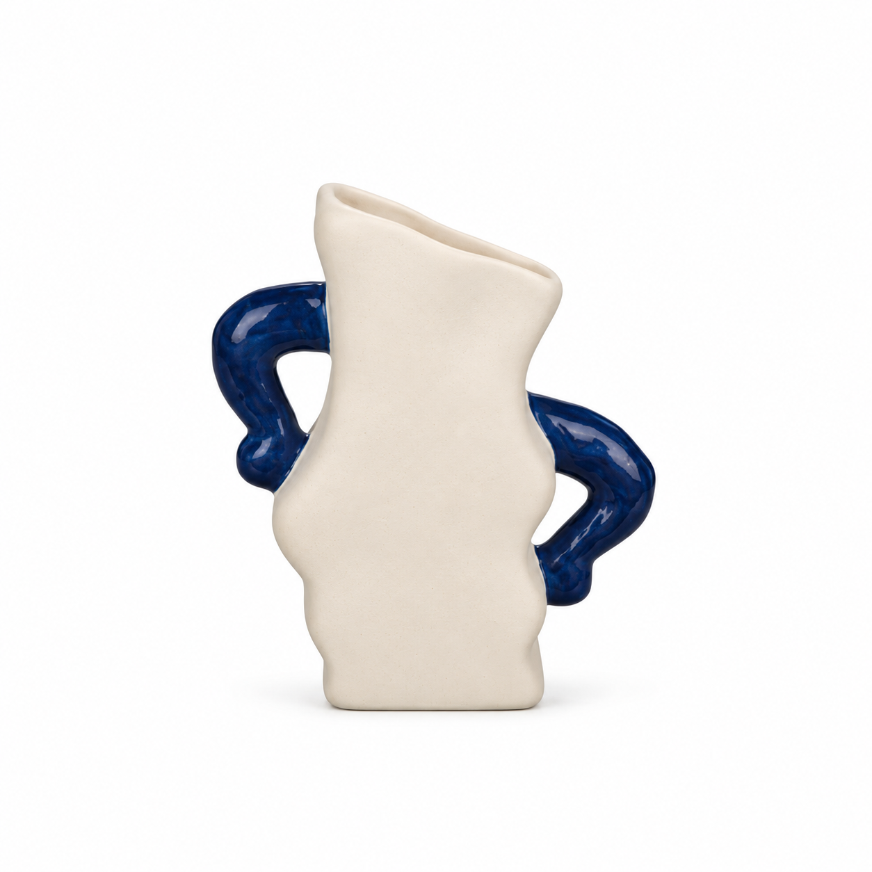 ATW-S252342-A sculptural wave cream and cobalt stoneware floral vessel front view on white background