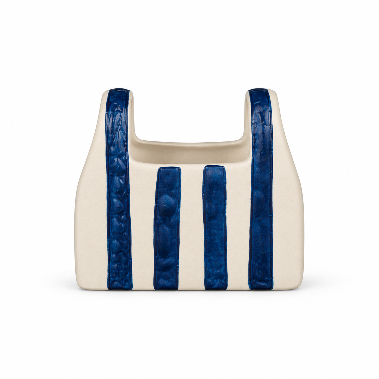 ATW-S252344-A cobalt stripe basket-form stoneware floral vessel front view on white background