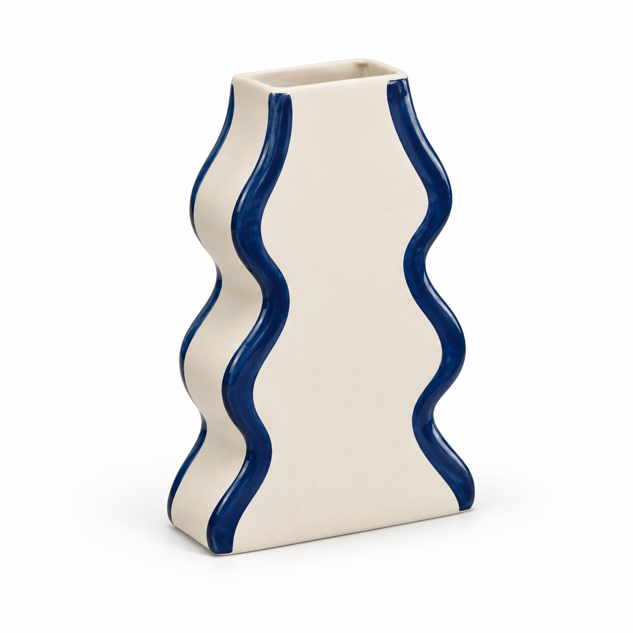 Tall Sculptural Wave Cream & Cobalt Ceramic Floral Vessel