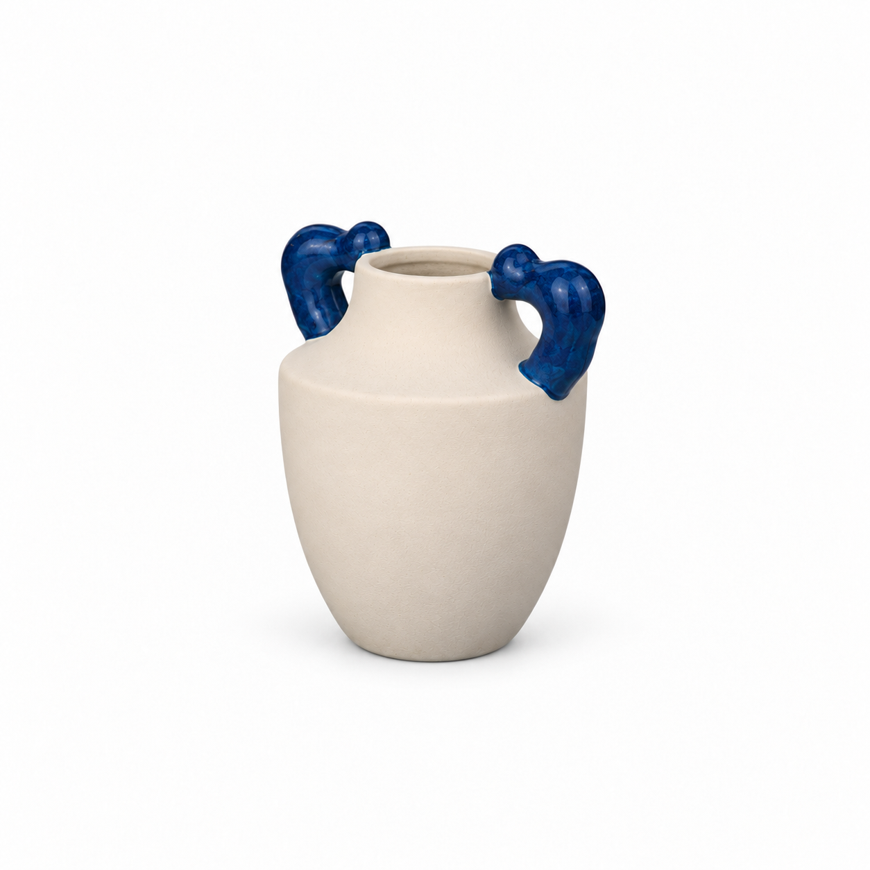 ATW-S252340-A cream and cobalt twin-handle stoneware floral vessel right-front 45-degree view on white background