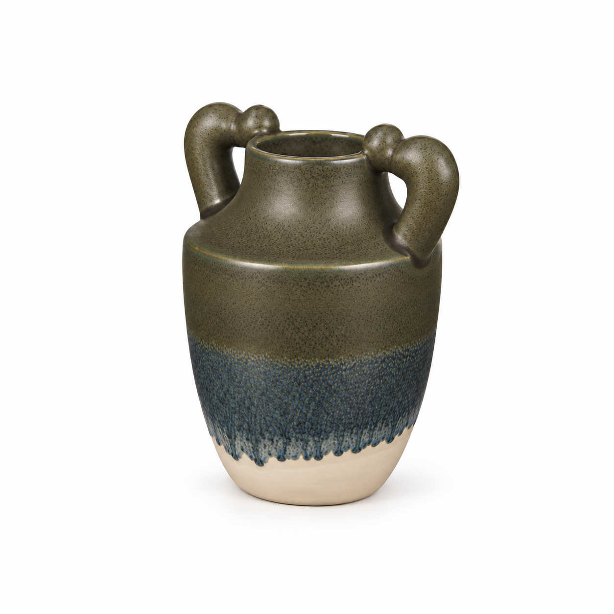 ATW-S252340-B charcoal drip twin-handle stoneware floral vessel right-front 45-degree view on white background