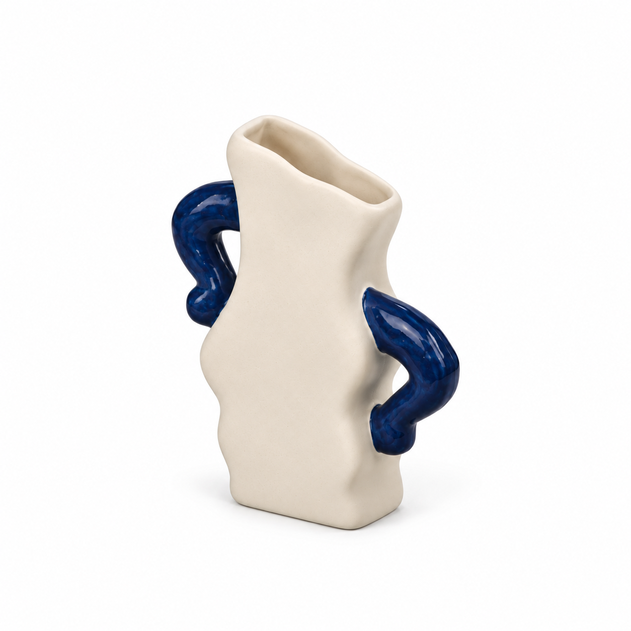 ATW-S252342-A sculptural wave cream and cobalt stoneware floral vessel right-front 45-degree view on white background
