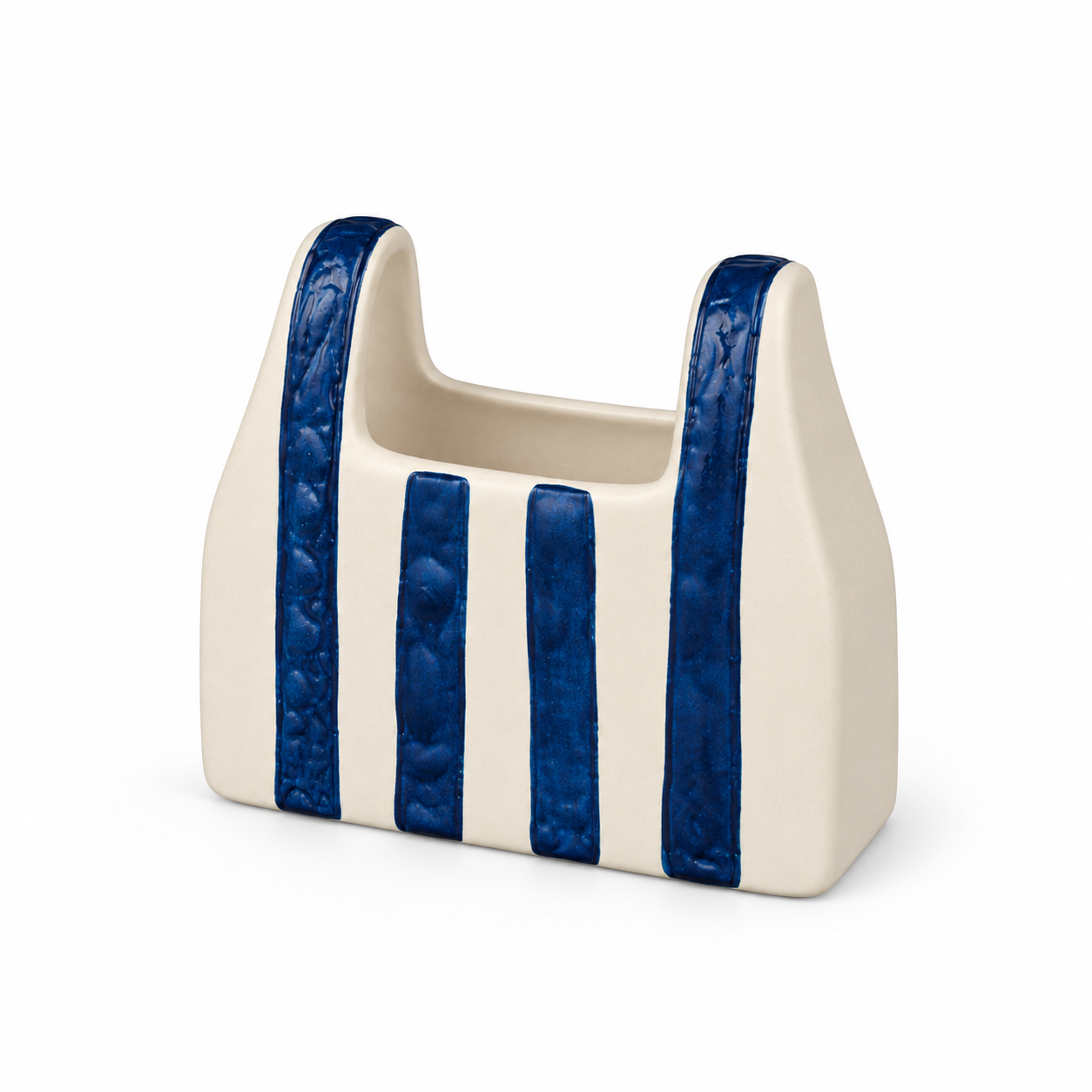 ATW-S252344-A cobalt stripe basket-form stoneware floral vessel right-front 45-degree view on white background