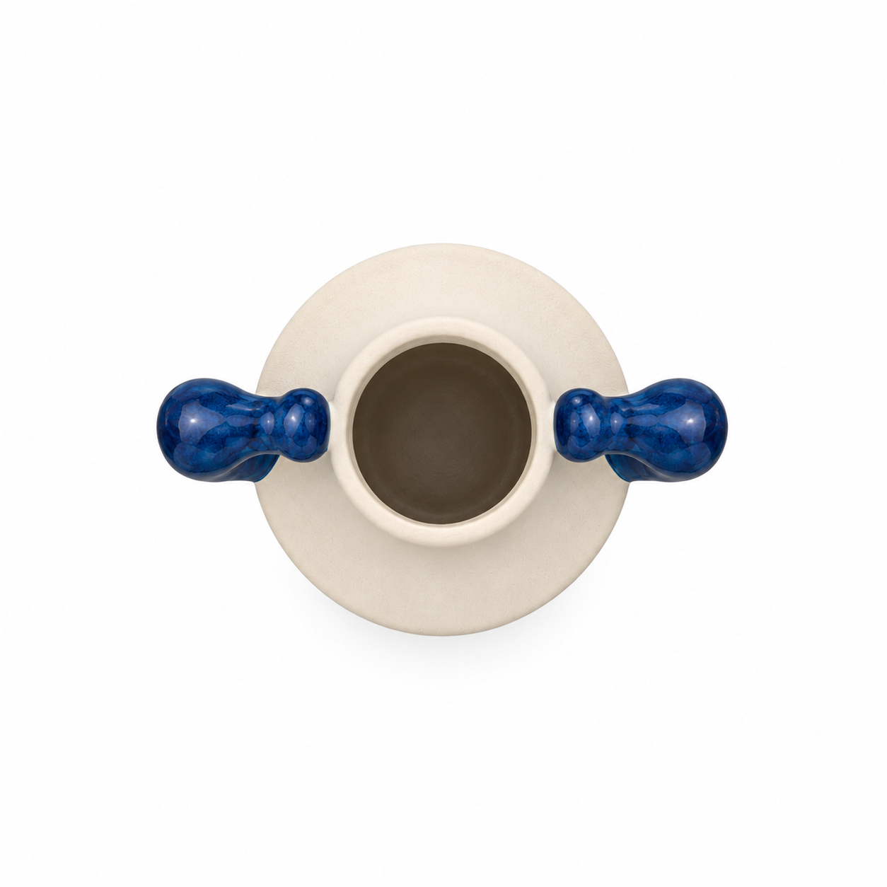 ATW-S252340-A cream and cobalt twin-handle stoneware floral vessel top view showing opening and interior on white background