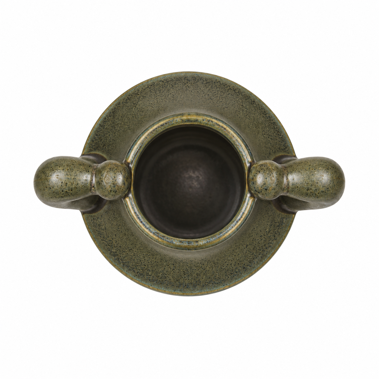 ATW-S252340-B charcoal drip twin-handle stoneware floral vessel top view showing opening and interior on white background