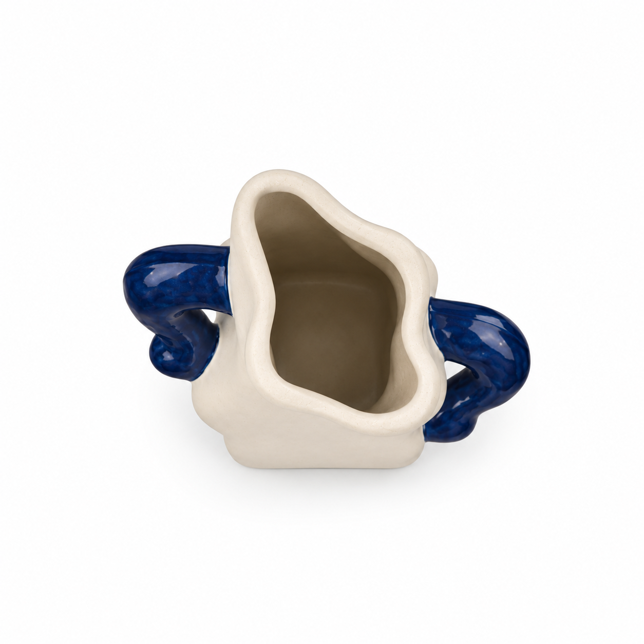 ATW-S252342-A sculptural wave cream and cobalt stoneware floral vessel top view showing opening and interior on white background