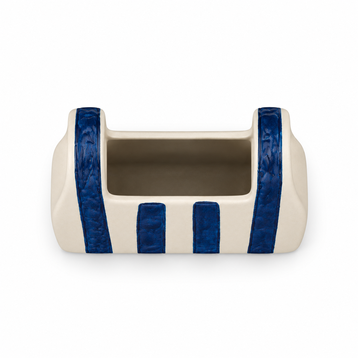 ATW-S252344-A cobalt stripe basket-form stoneware floral vessel top view showing opening and interior on white background