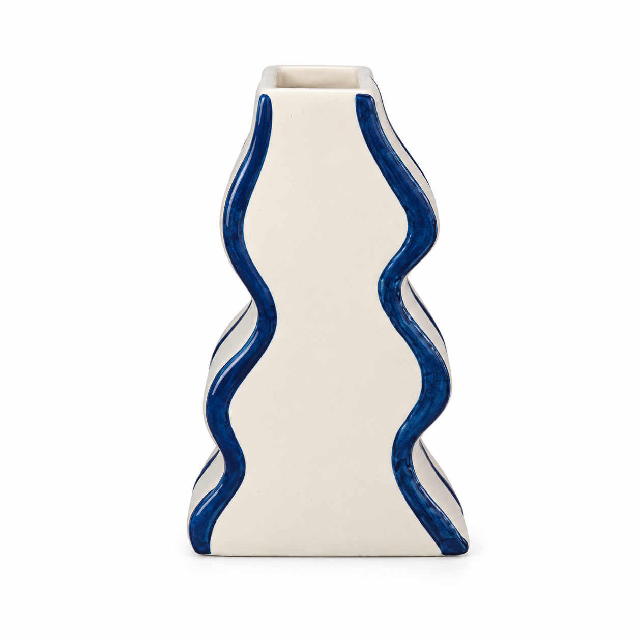 Tall Sculptural Wave Cream & Cobalt Ceramic Floral Vessel