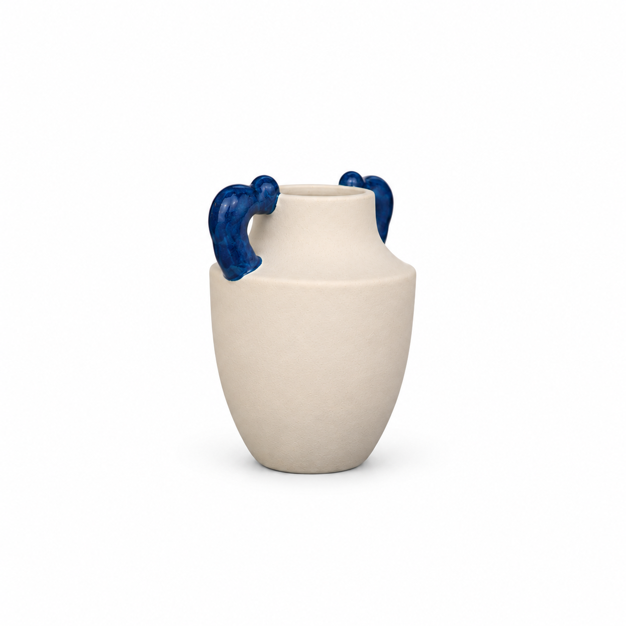 ATW-S252340-A cream and cobalt twin-handle stoneware floral vessel left side view on white background