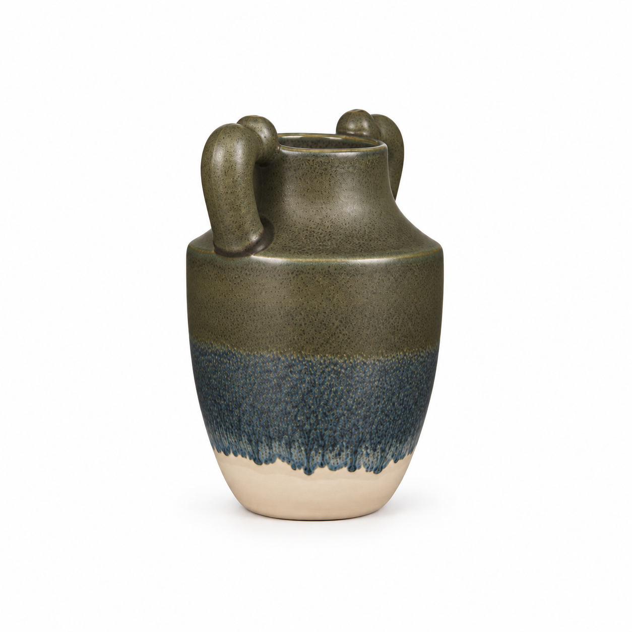 ATW-S252340-B charcoal drip twin-handle stoneware floral vessel left side view on white background