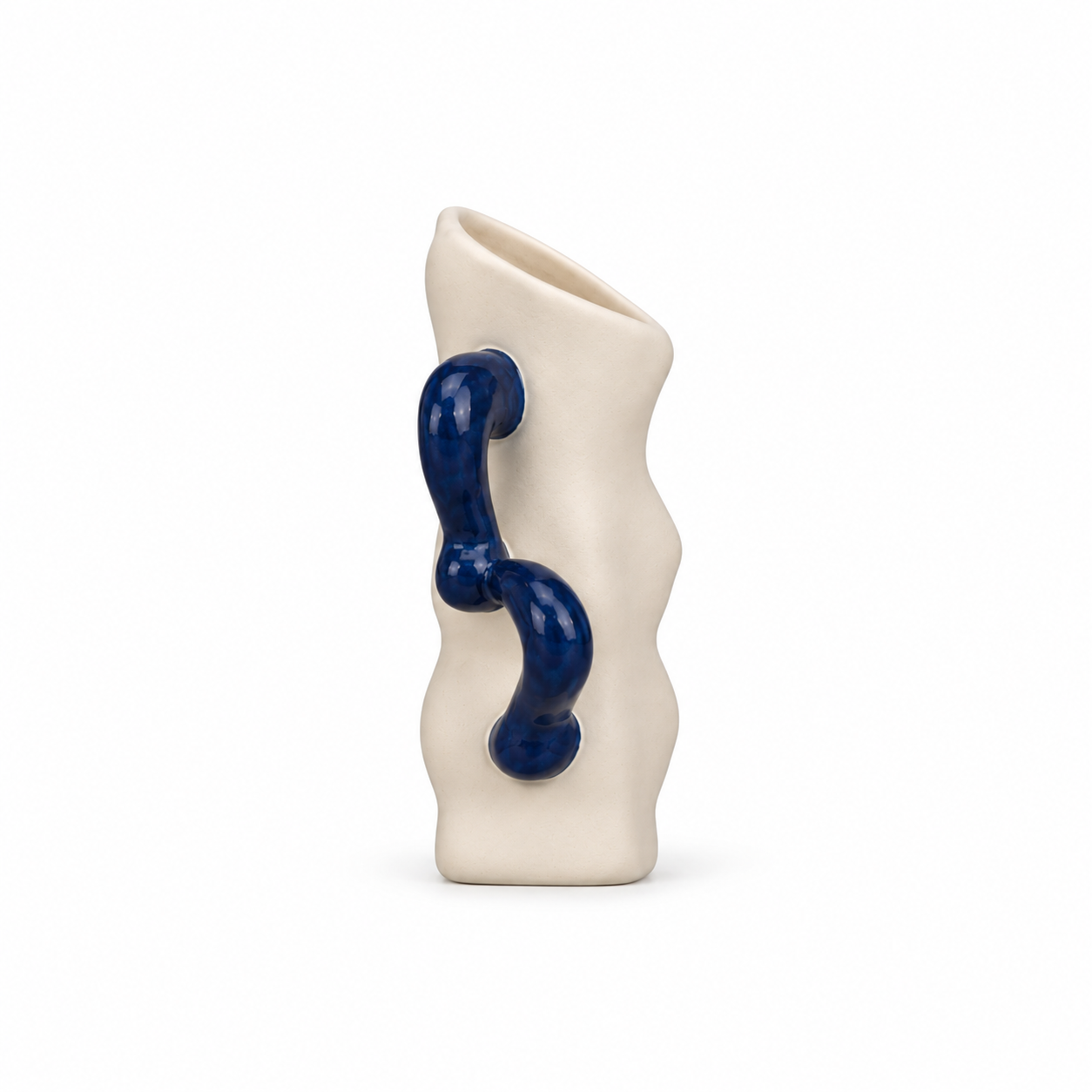 ATW-S252342-A sculptural wave cream and cobalt stoneware floral vessel left side view on white background