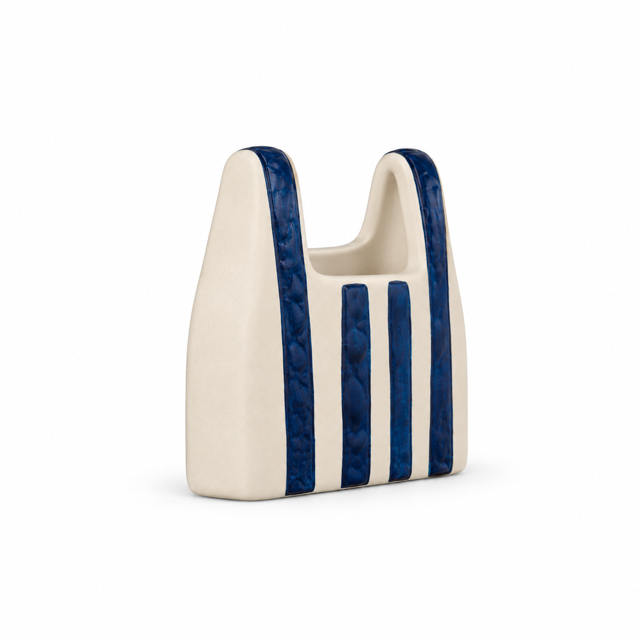 ATW-S252344-A cobalt stripe basket-form stoneware floral vessel left side view on white background