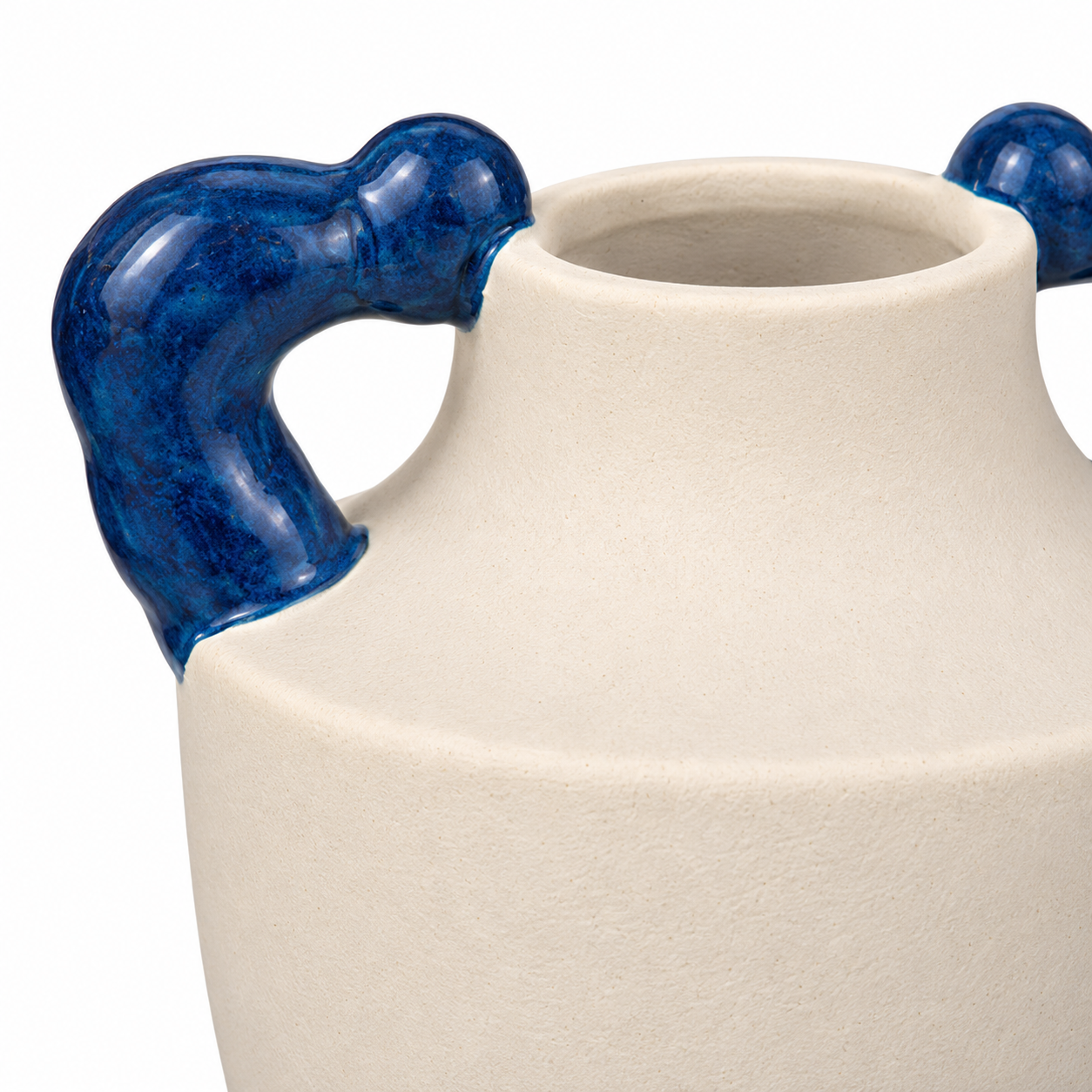 ATW-S252340-A cream and cobalt twin-handle stoneware floral vessel close-up detail of rim handles and glaze