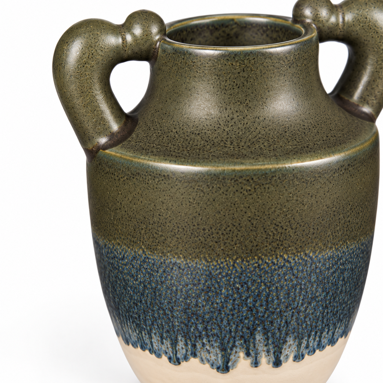 ATW-S252340-B charcoal drip twin-handle stoneware floral vessel close-up detail of rim handles and glaze