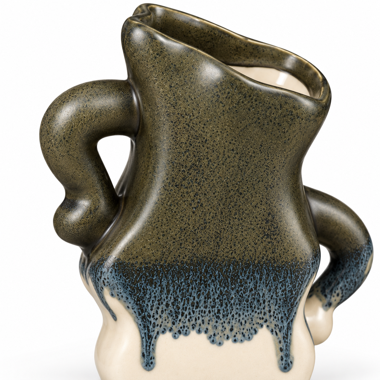 ATW-S252342-B sculptural wave charcoal drip stoneware floral vessel close-up detail of rim handles and glaze