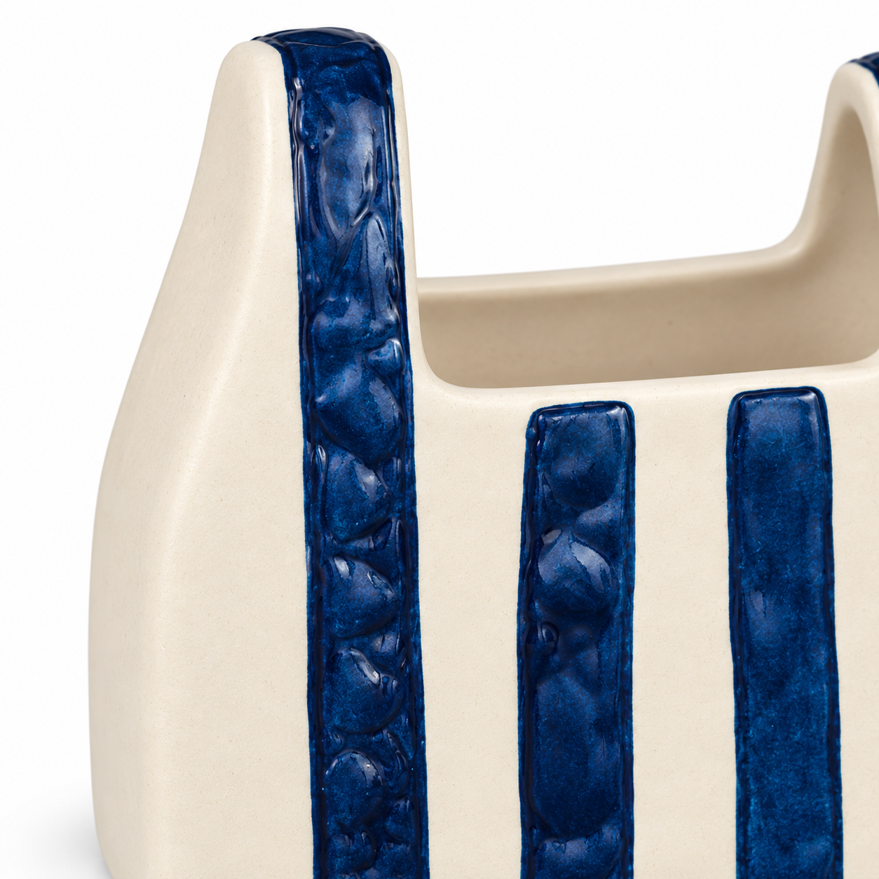 ATW-S252344-A cobalt stripe basket-form stoneware floral vessel close-up detail of rim handles and glaze