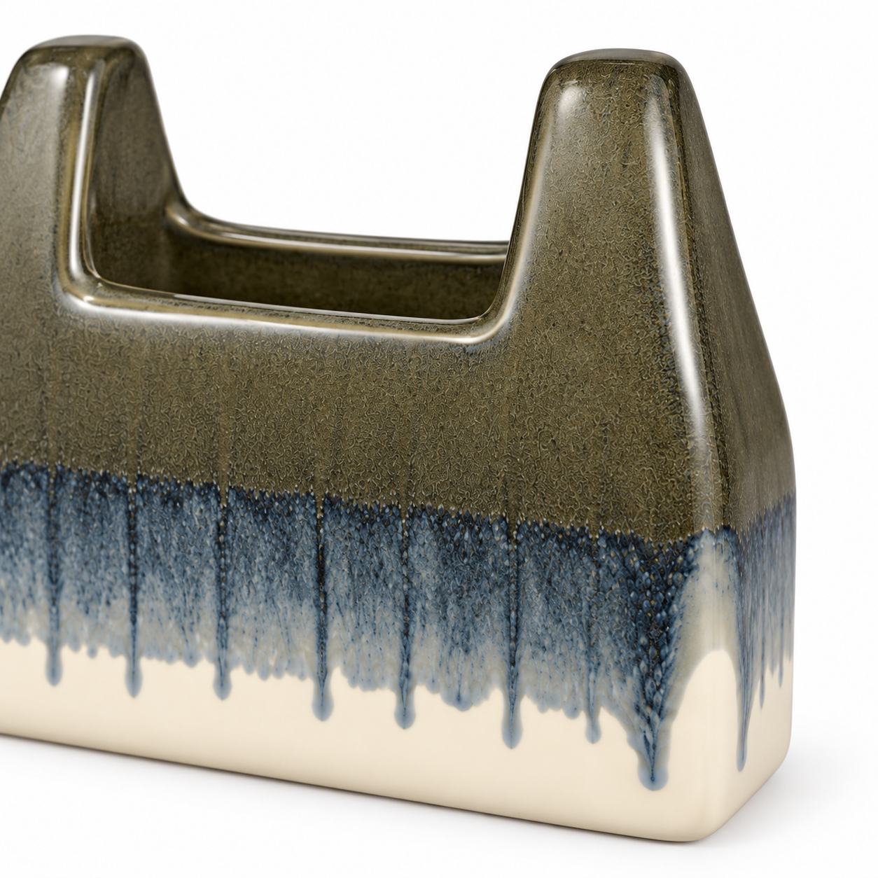 ATW-S252344-B charcoal drip basket-form stoneware floral vessel close-up detail of rim handles and glaze