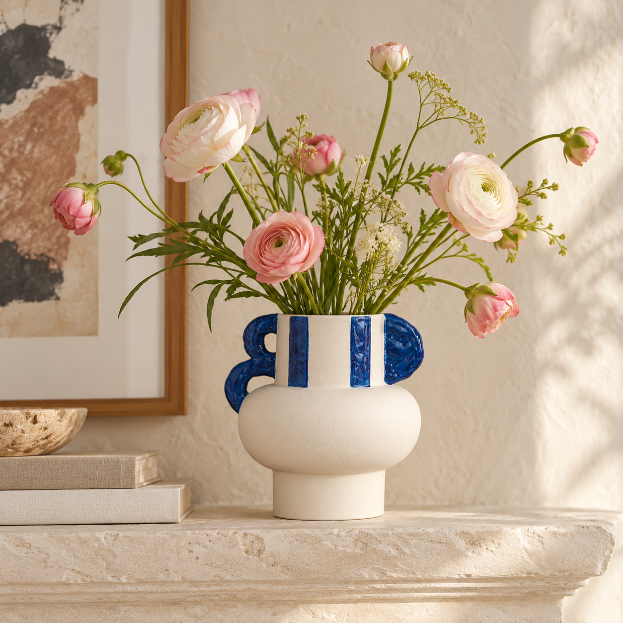 Cream & Cobalt Double-Loop Ceramic Floral Vessel