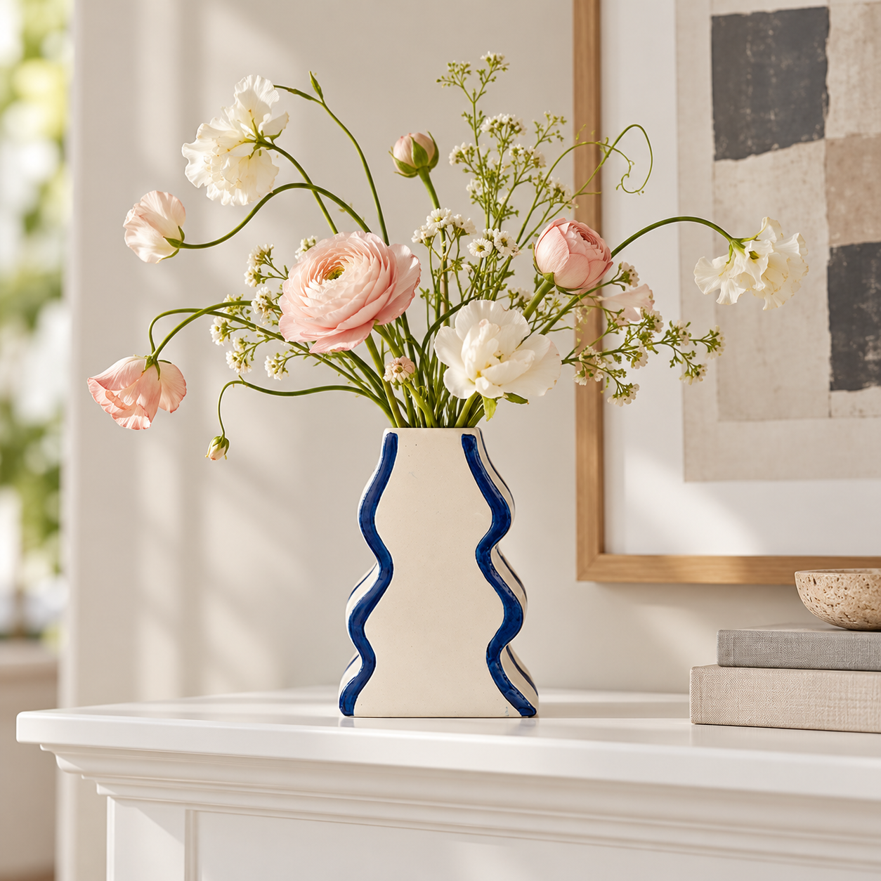 Tall Sculptural Wave Cream & Cobalt Ceramic Floral Vessel